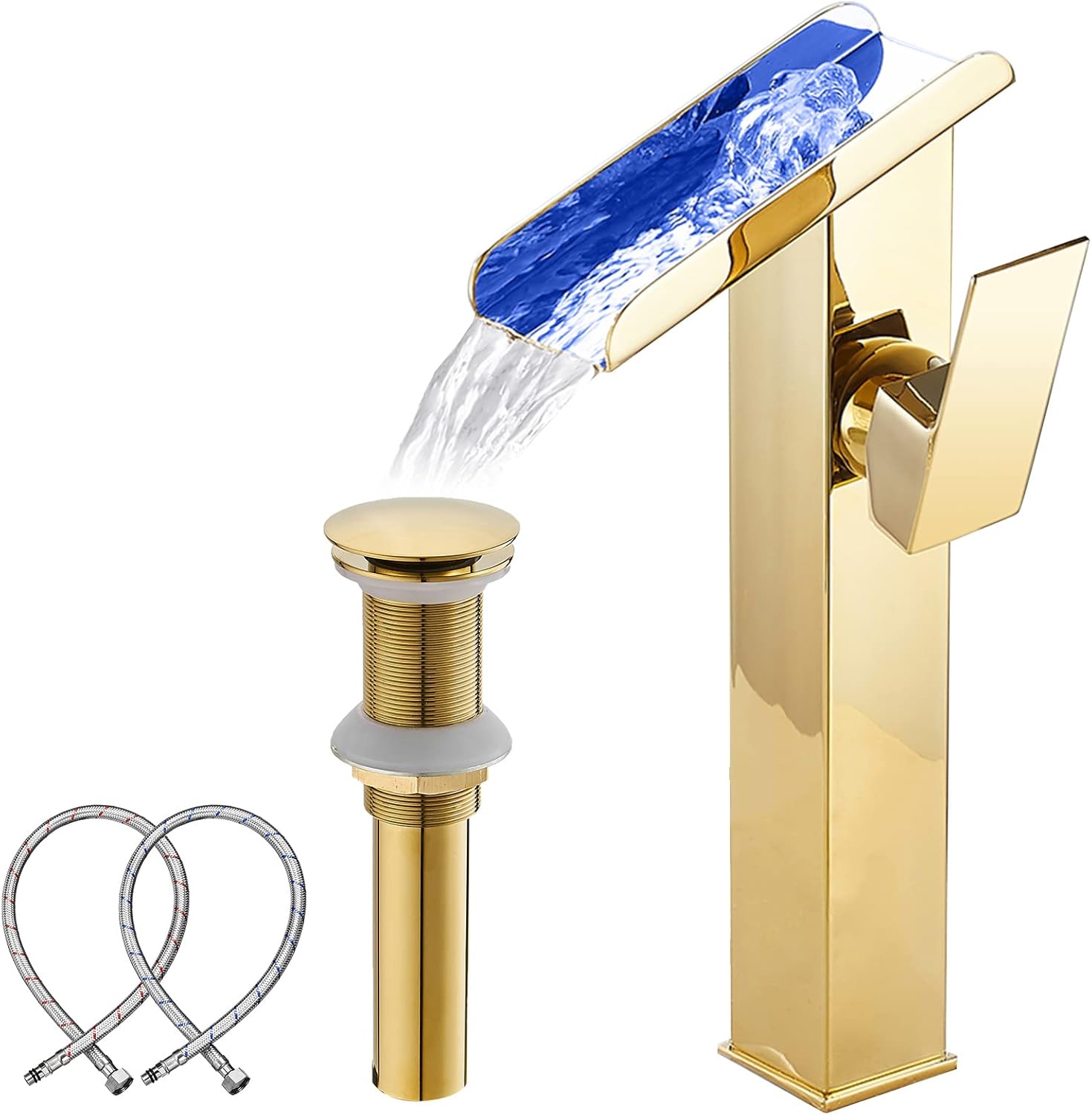 Bathroom Vessel Faucet Gold Waterfall Open Spout Basin Faucet Led Color Changing by Temperature for Bowl Sink with 1Hole Right Handle Without Overflow Pop Up Drain Stopper Supply Hoses Lavatory Basin