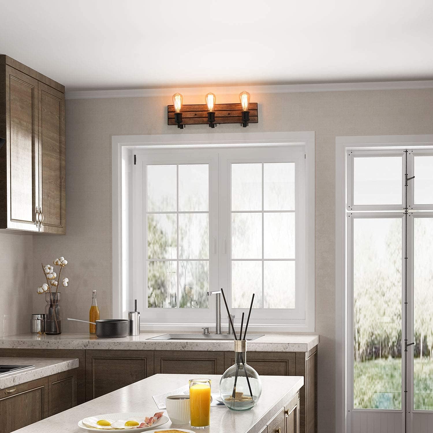 Bathroom Fixtures in Rustic Wood and Oil Rubbed Metal Finish, Farmhouse Wall Sconces with Adjustable Sockets Over Mirrors