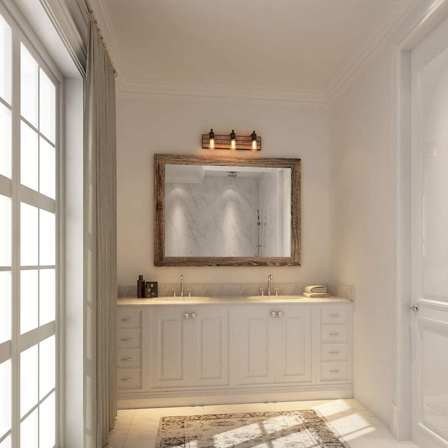 Bathroom Fixtures in Rustic Wood and Oil Rubbed Metal Finish, Farmhouse Wall Sconces with Adjustable Sockets Over Mirrors
