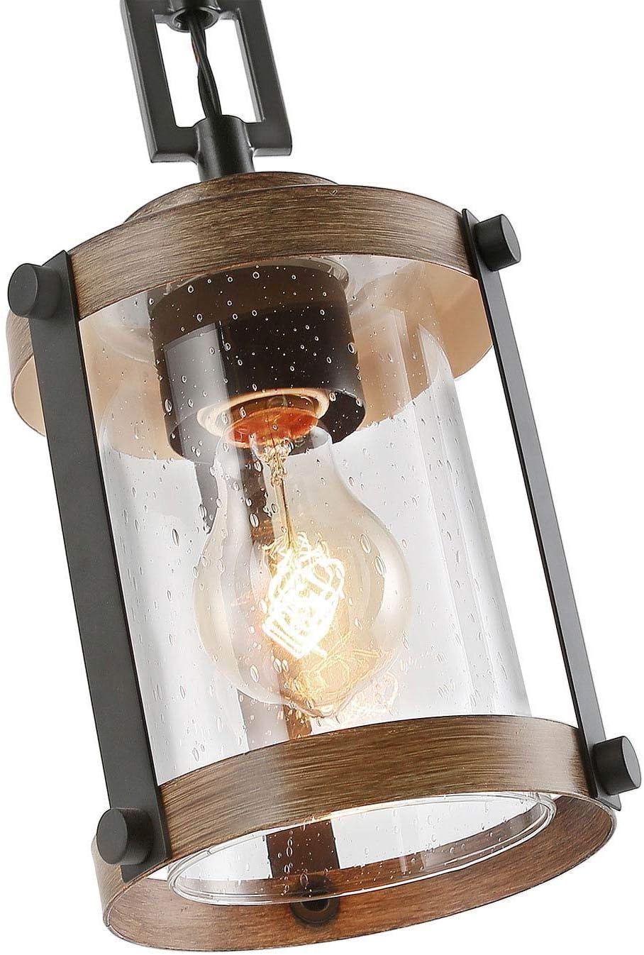 Pendant Lighting for Kitchen Island, Farmhouse Mini Chandelier in Faux Wood Metal with Bubbled Glass Shade