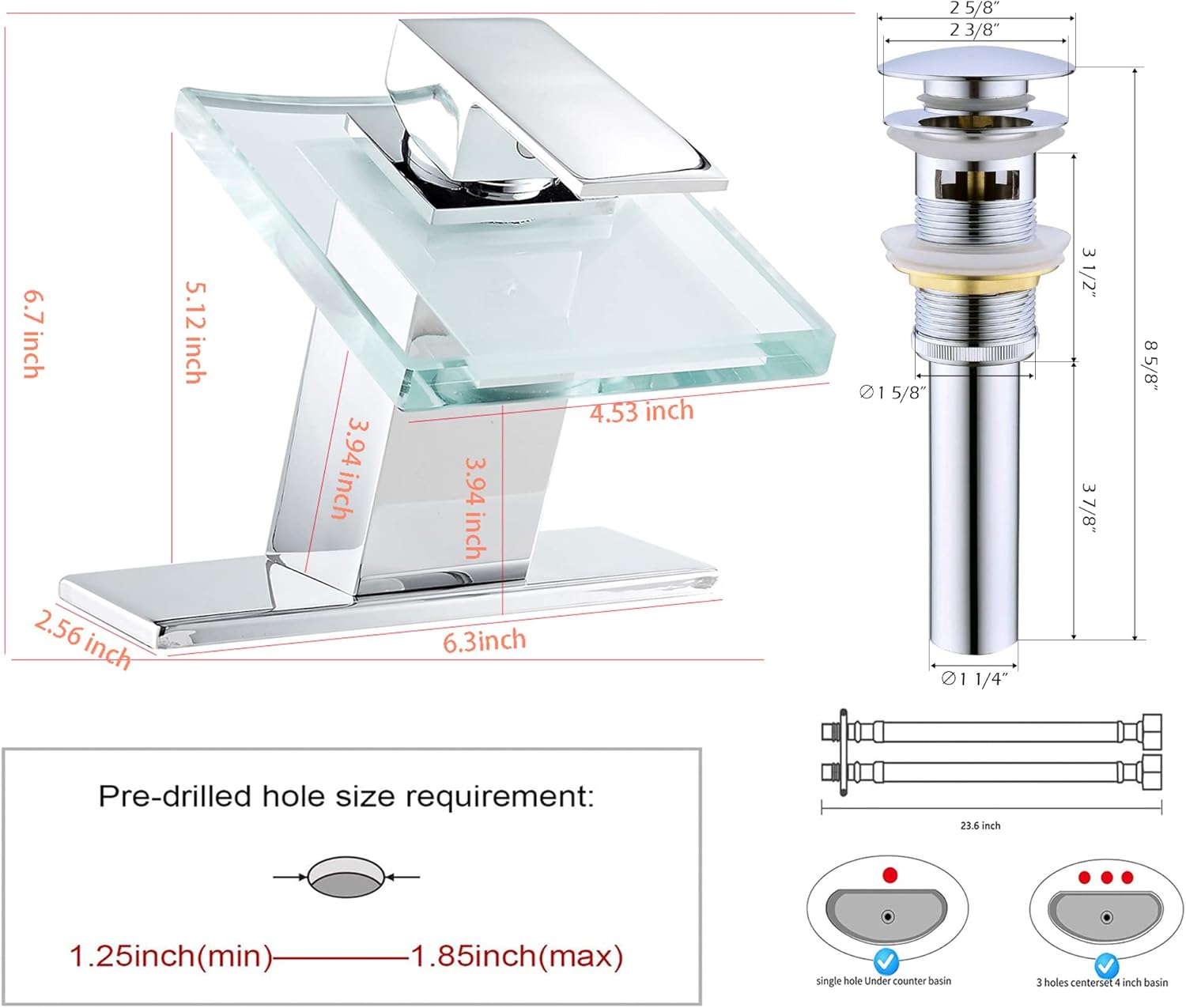Bathroom Waterfall Faucet Chrome LED Glass Spout with Overflow Drain Stopper Single Handle One Hole Modern Design Bath Basin Tap 3 Color Changing Battery Powered Lavatory Vanity Sink Deck Mount