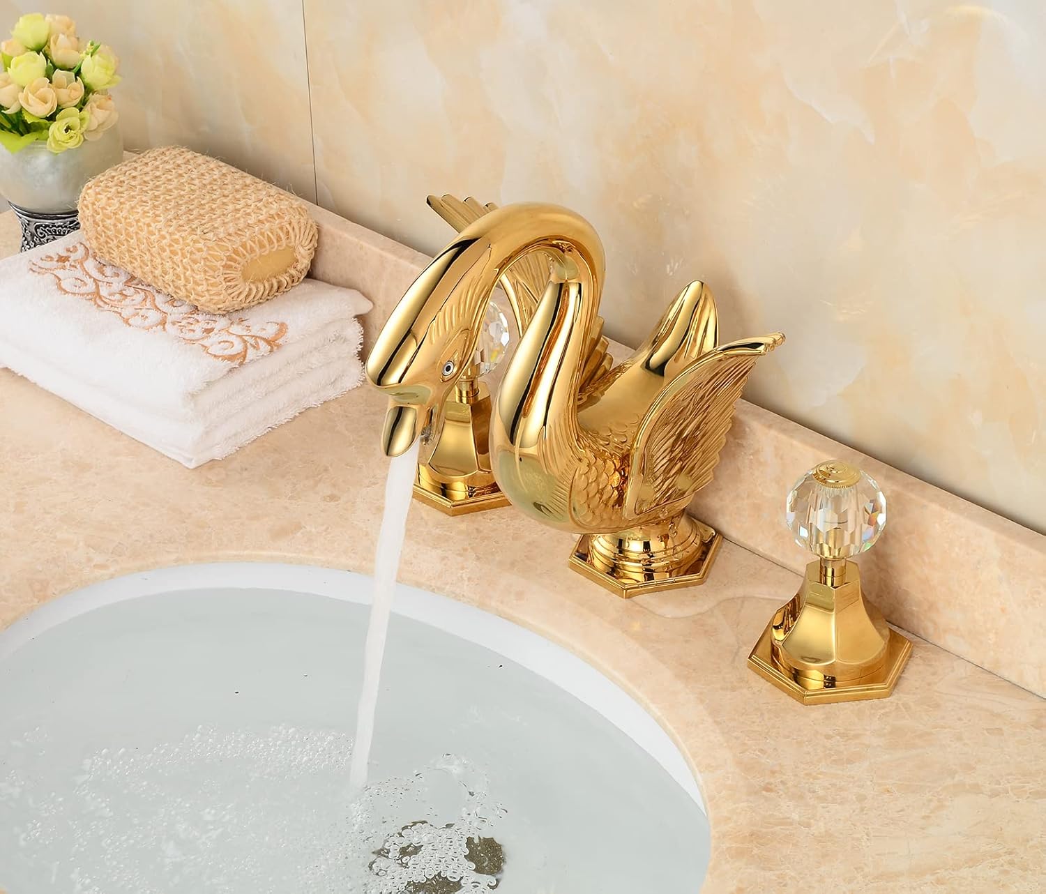 Widespread Bathroom Faucet Swan Design Gold Two Handles 3 Holes 8-16 Inch Bathroom Sink Faucet Lavatory Mixer Tap with Water Supply Hose Deck Mount Bathtub