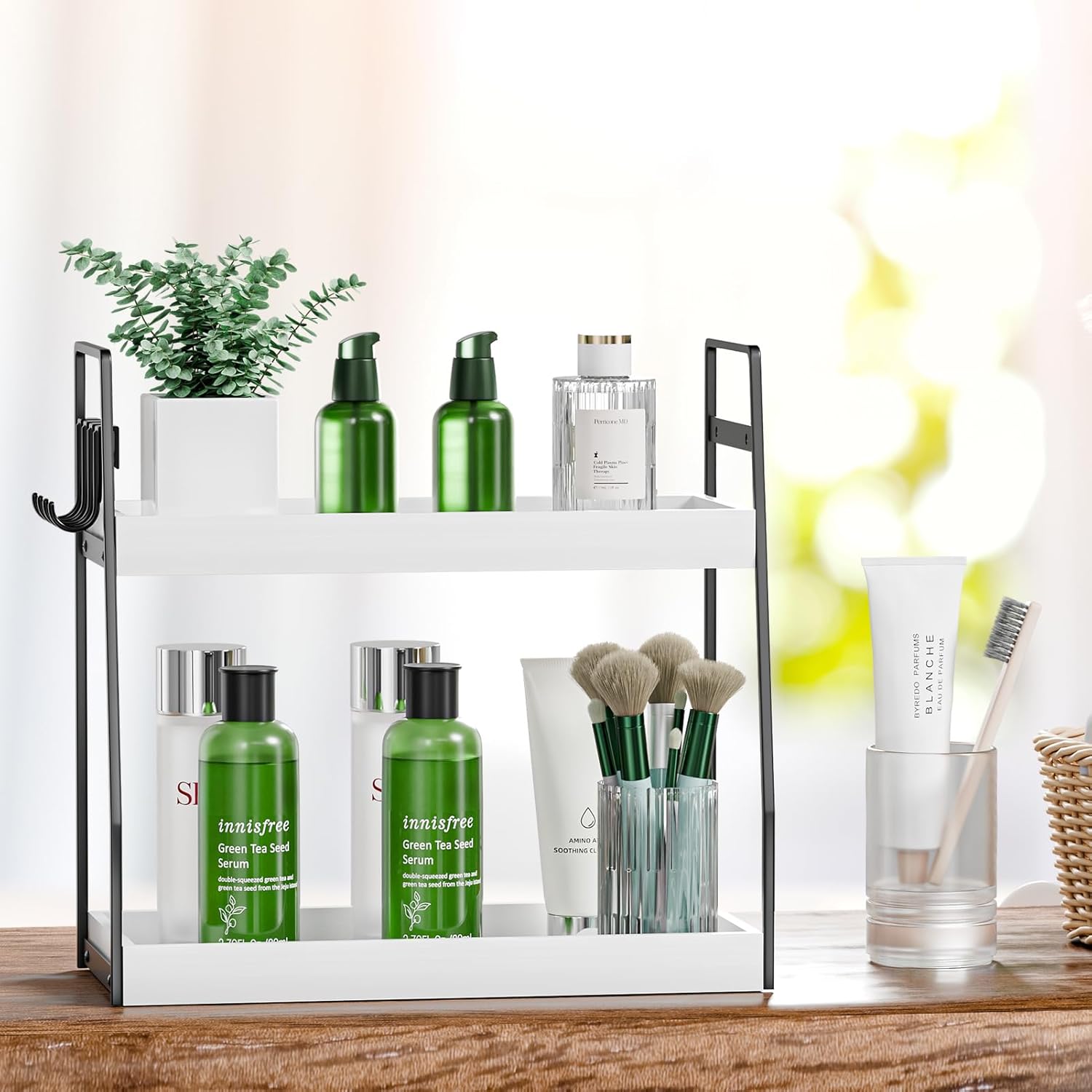 2-Tier Bathroom Organizer Countertop, Wood Bathroom Counter Organizer and Storage, Bathrom Corner Sink Vanity Skincare Organizer Shelf with Hooks, White