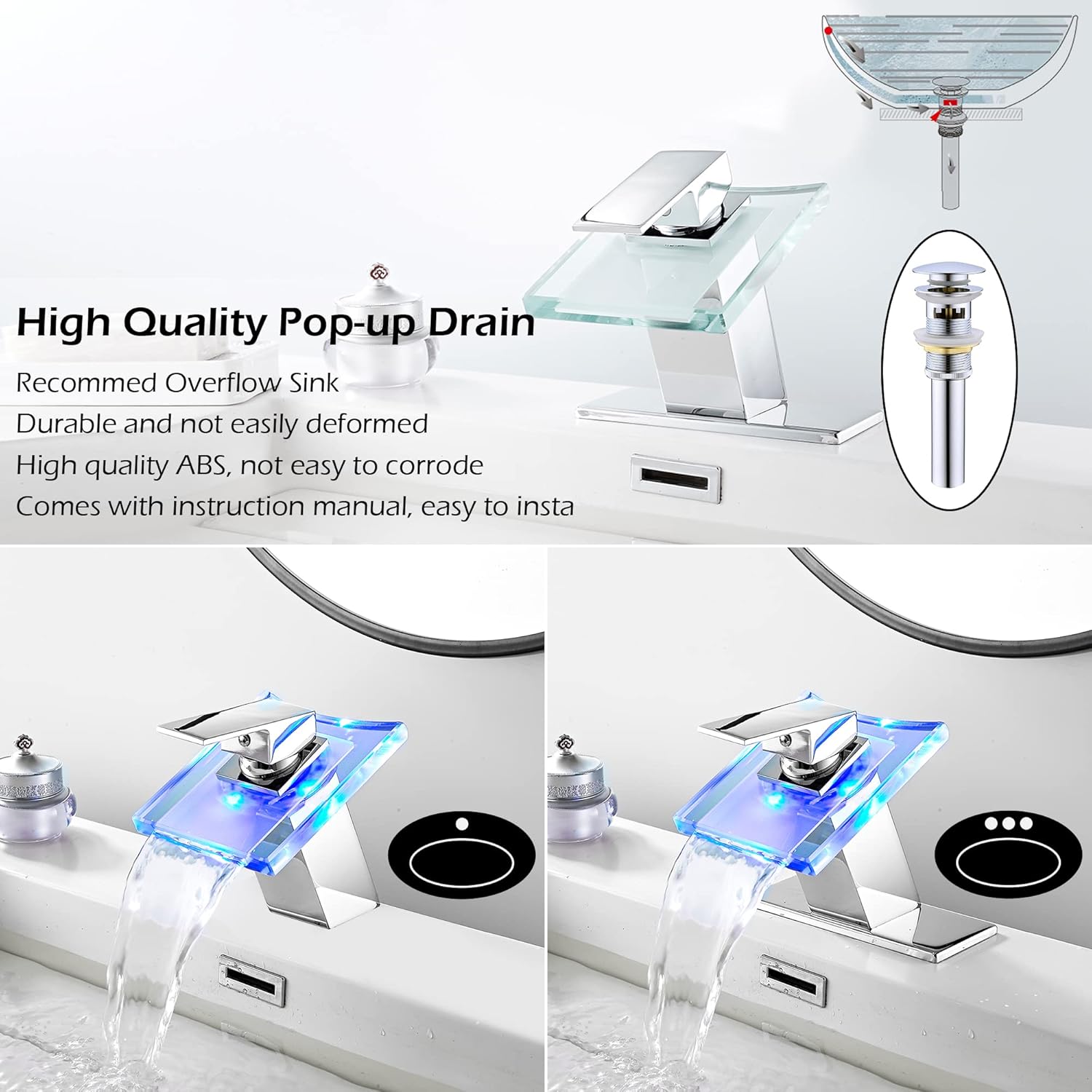 Bathroom Waterfall Faucet Chrome LED Glass Spout with Overflow Drain Stopper Single Handle One Hole Modern Design Bath Basin Tap 3 Color Changing Battery Powered Lavatory Vanity Sink Deck Mount