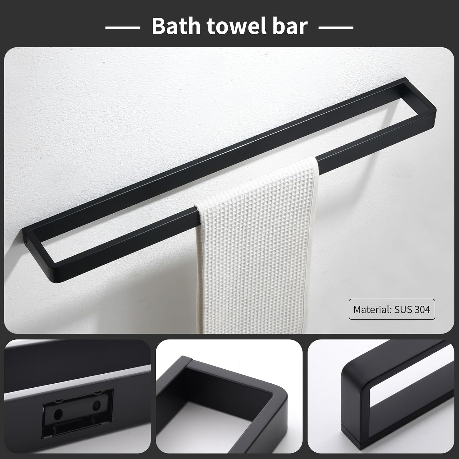 4-Piece Matte Black Bathroom Hardware Accessories Set, Bath Towel Bar Set SUS304 Stainless Steel, Round Towel Racks for Bathroom Wall Mounted