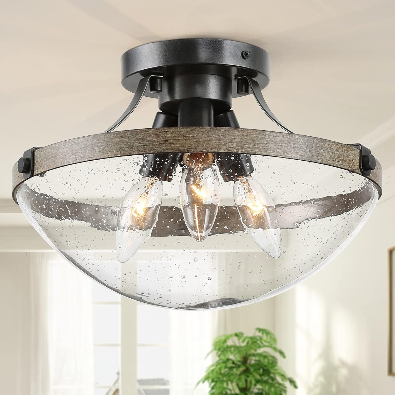 Semi Flush Mount Ceiling Light with Seeded Glass Shade