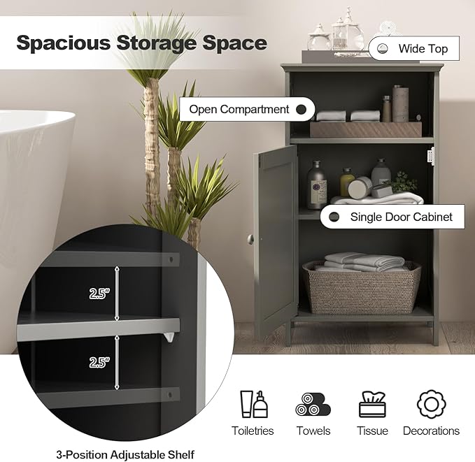 Bathroom Storage Cabinet, Freestanding Wooden Bathroom Floor Cabinet with Door, Open Shelf