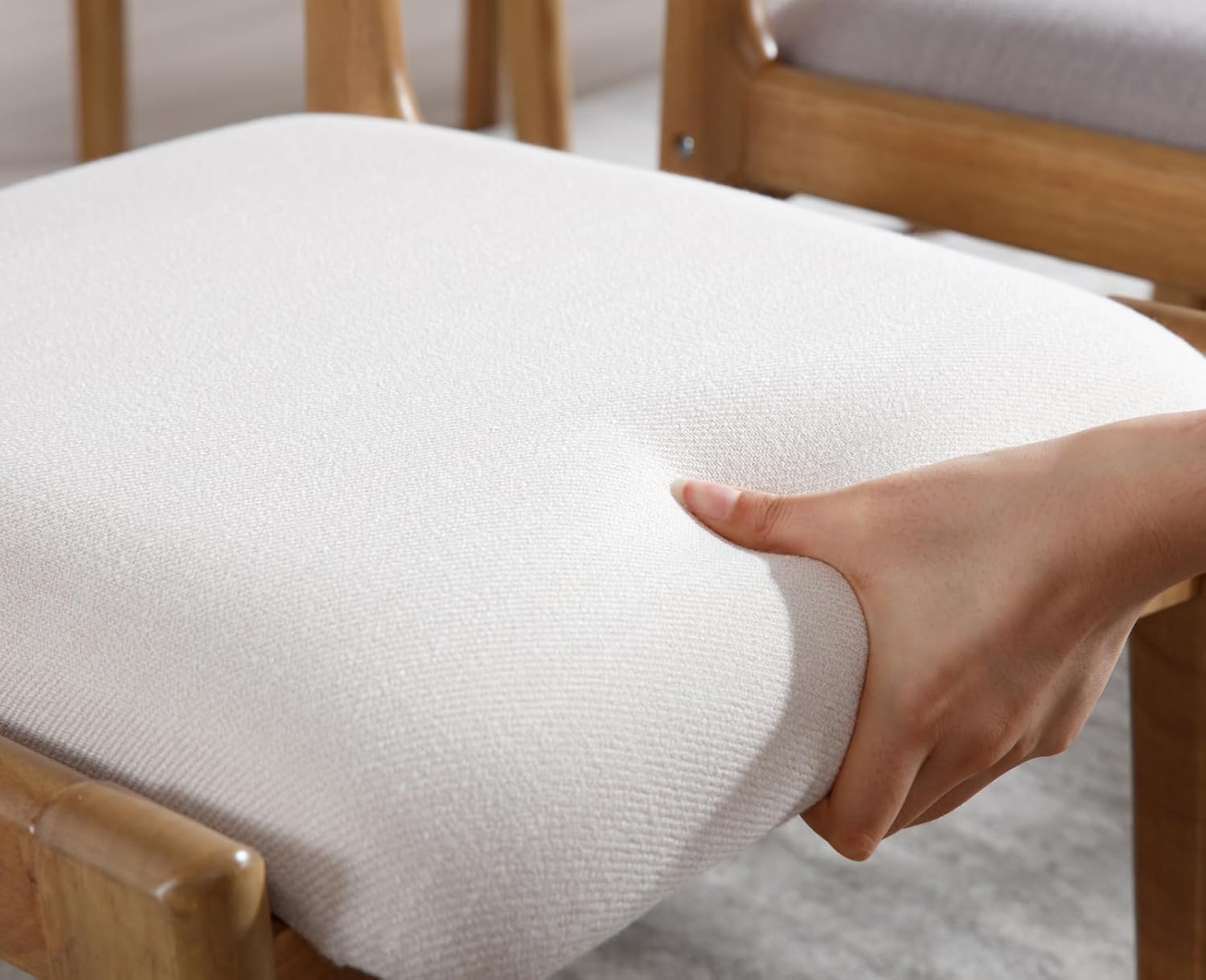 Modern Mid Century Wood Dining Room Chairs with Cane Back Upholstered Linen Kitchen Side Chairs