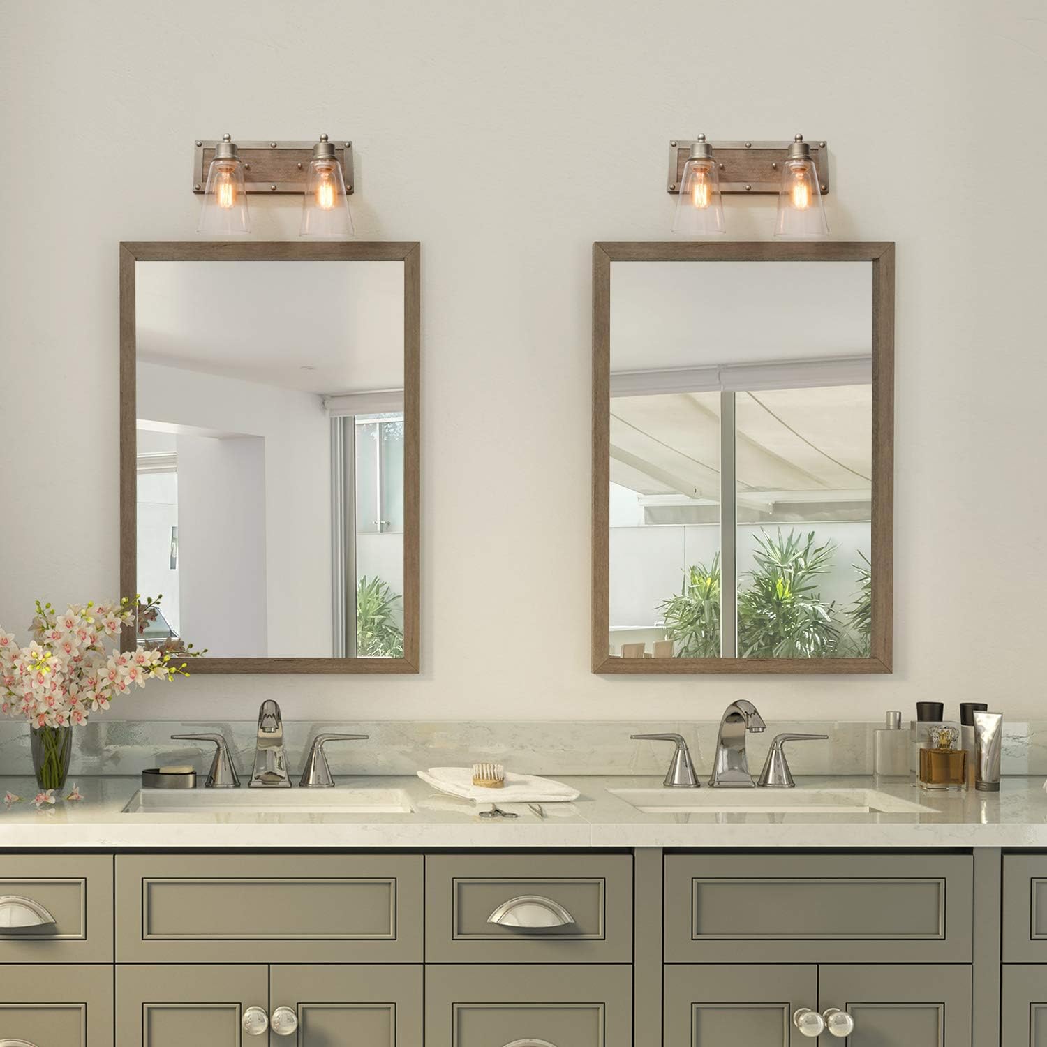 2 Lights Bathroom Lighting in Real Distressed Wood and Brushed Antique Silver Finish with Cone Clear Glass Shades