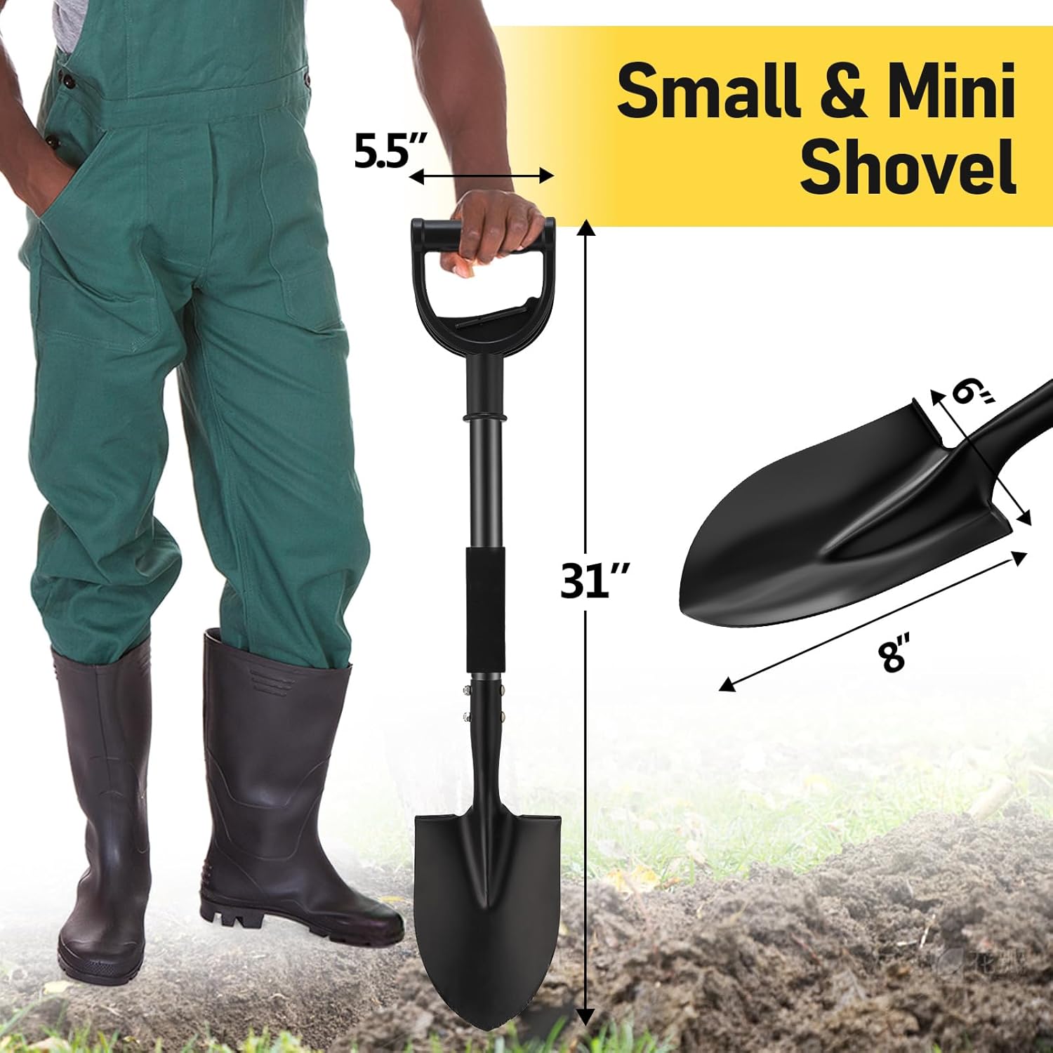 Garden Shovel for Digging, 31 inch Small Spade Shovel with Curved D-Handle, Heavy Duty Portable Mini Shovels