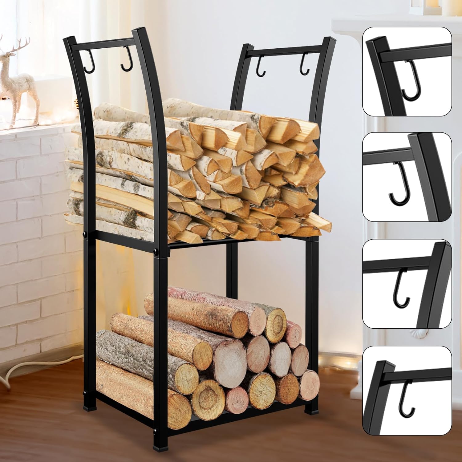2 Tiers Indoor Firewood Rack with 4 Hooks - Portable Outdoor Firewood Rack, Heavy Duty Log Rack Wood Holder