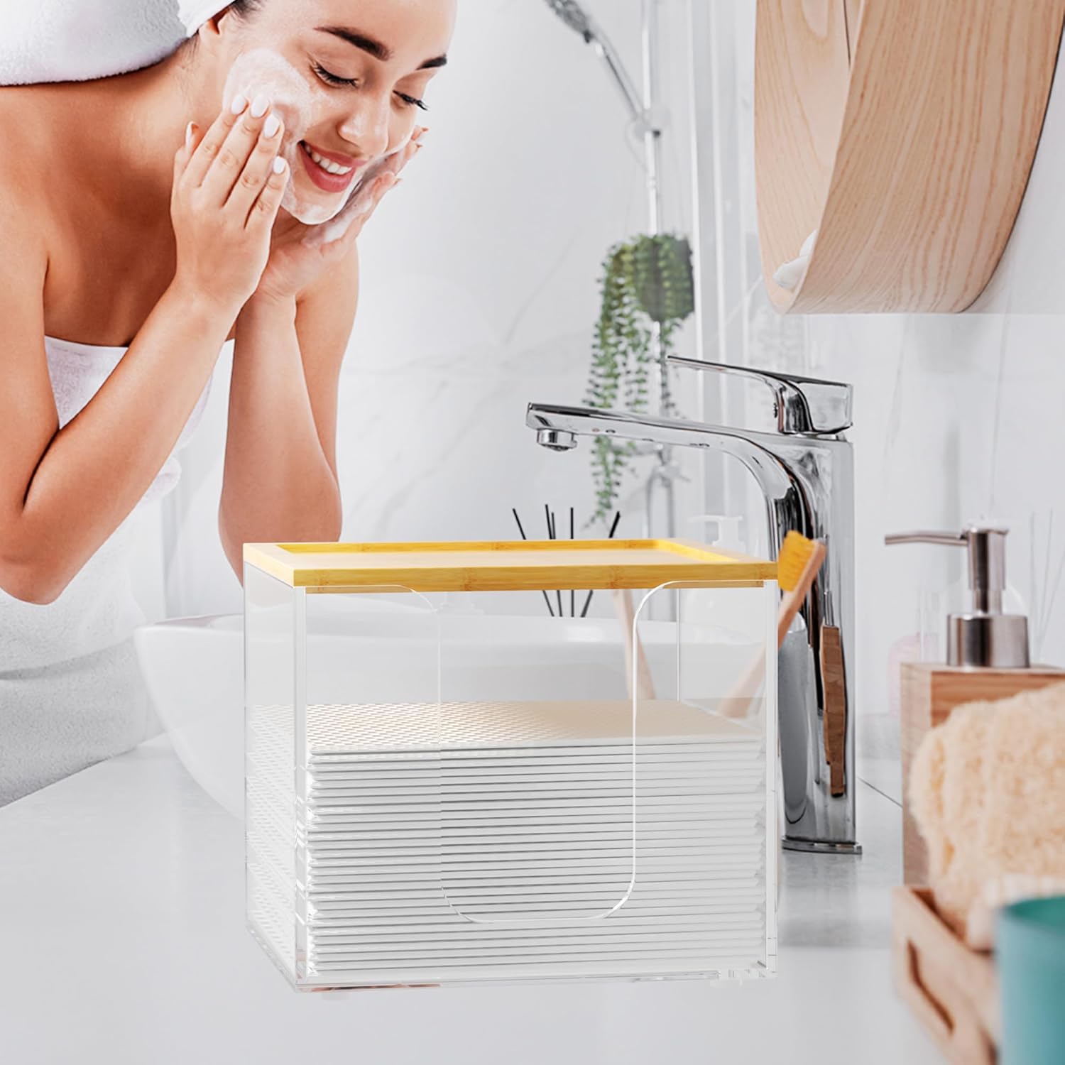 Disposable Face Towel Holder Box, Acrylic Facial Towel Container for XL Clean Skin Club, Large Disposable Face Towel Storage with Bamboo Lid, for Bathroom, Vainty Makeup, Clear