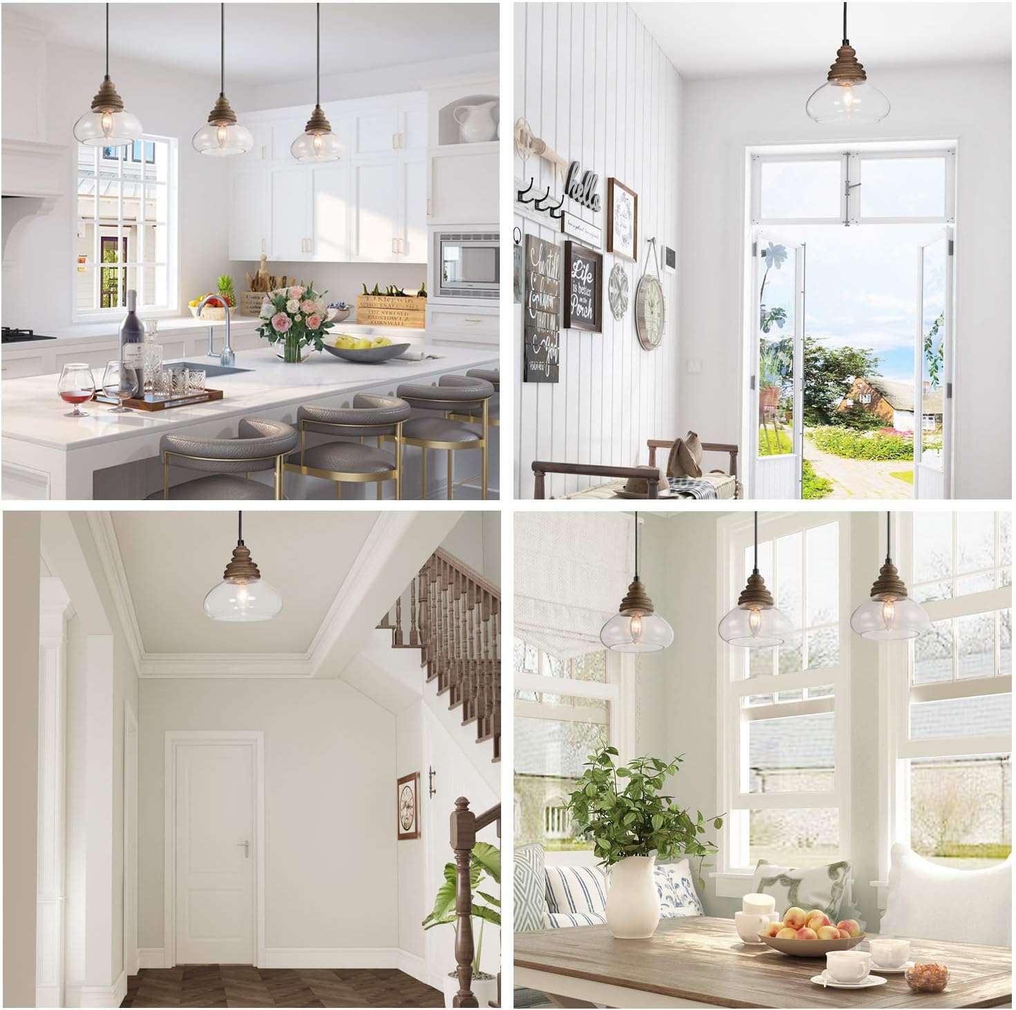 Farmhouse Pendant Lighting Fixture with Wood and Clear Glass for Kitchen Island, Entryway, Foyer, Bedroom, Dining & Living Room