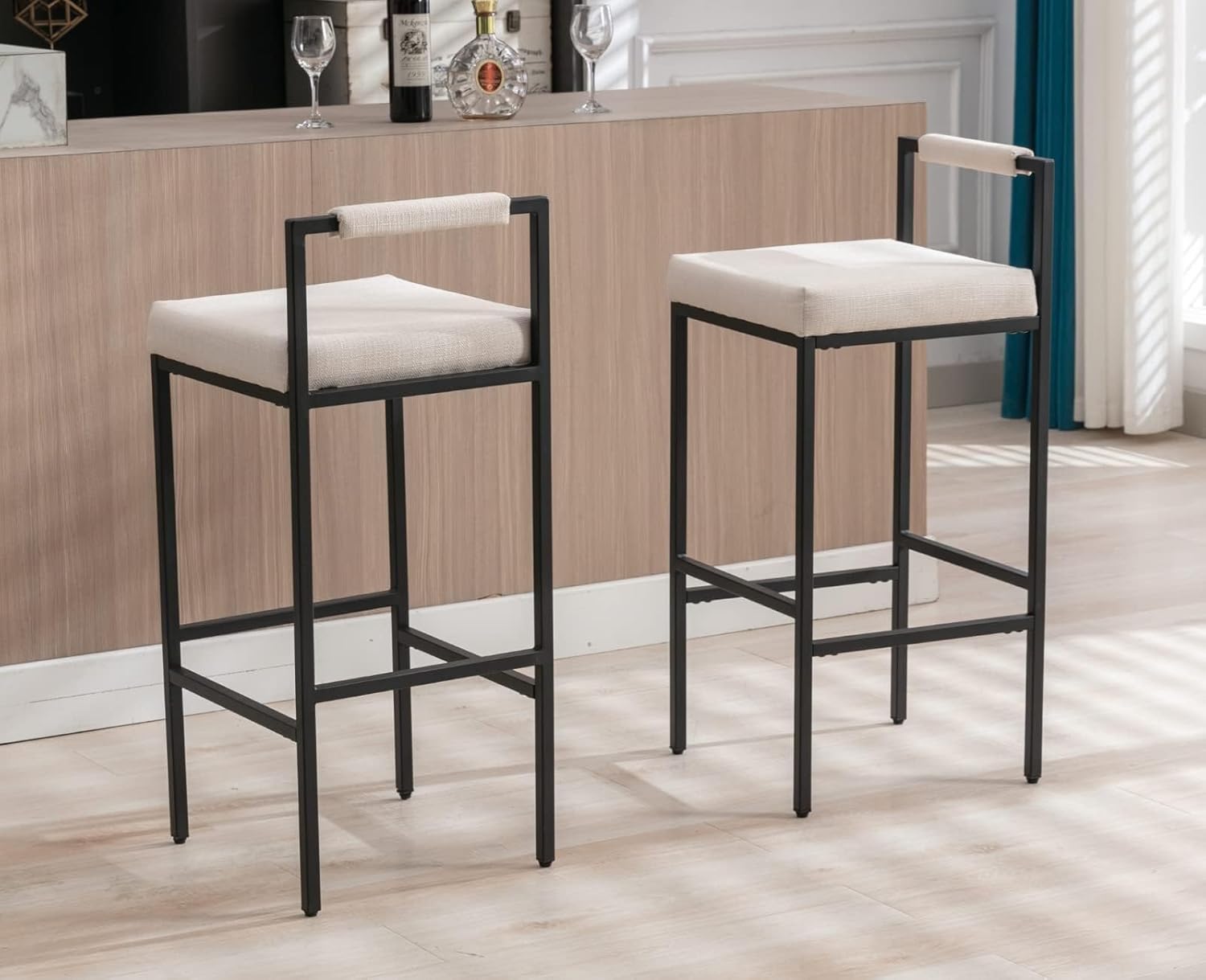 Modern Bar Stools Set of 6 Linen Upholstered Bar Height Barstools with Low Back and Metal Frame