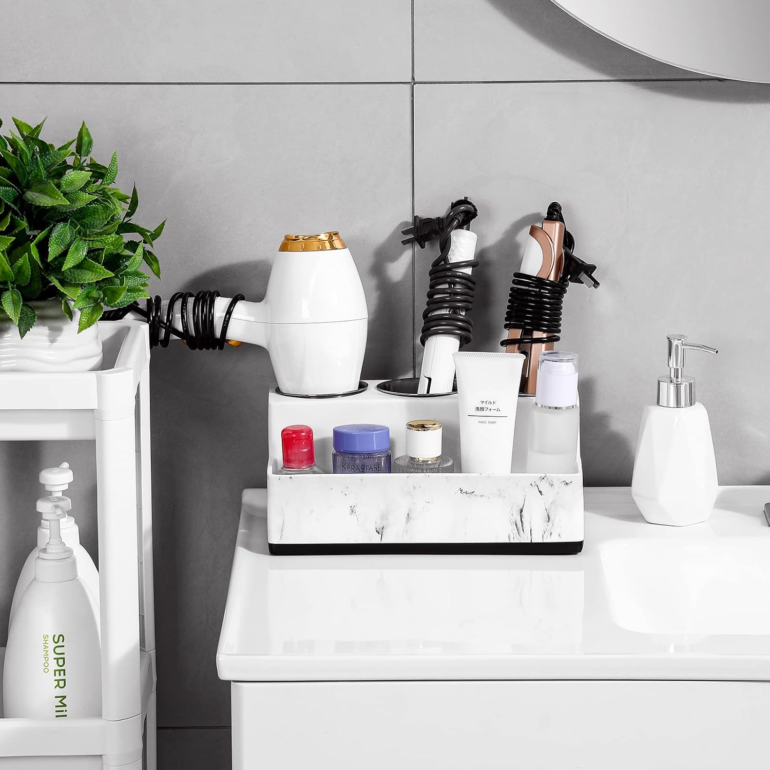 Resin Hair Tool Organizer, Hair Dryer and Straightener Holder Countertop, Blow Dryer Holder Bathroom Organizer Storage for Vanity Makeup/Styling Tools/Curling Iron, White Marble Look