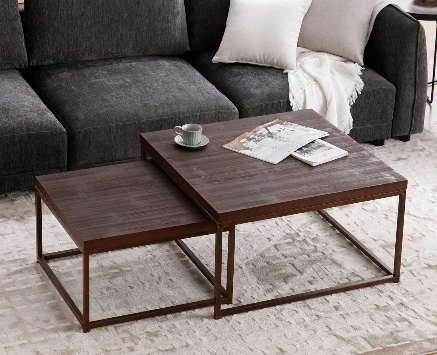 Nesting Coffe Table Set of 2 Industrial Square End Table Modern Stacking Side Tables with Wooden Tabletop and Metal Base Living Room Accent Tables