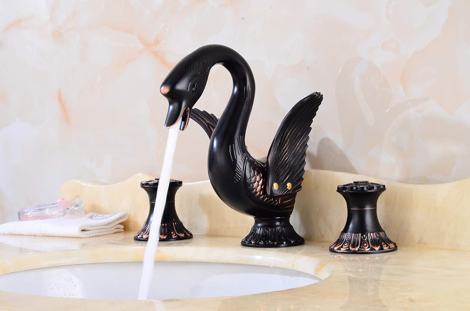 Swan Widespread Bathroom Faucet Oil Rubbed Bronze Two Handles 3 Holes 8-16 Inch Bathroom Sink Faucet Lavatory Mixer Tap with Water Supply Hose Luxury Commercial