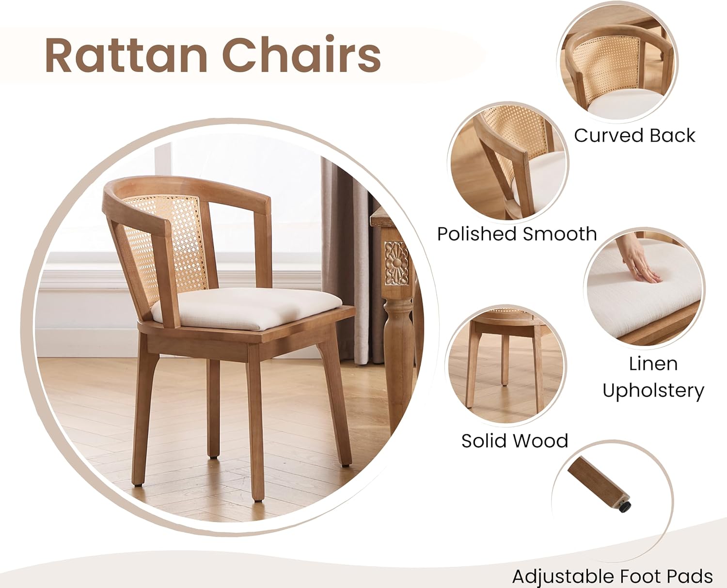 Modern Farmhouse Wooden Dining Room Chairs with Cane Curved Back Leather Upholstered Comfortable Kitchen Side Chairs for Restaurant