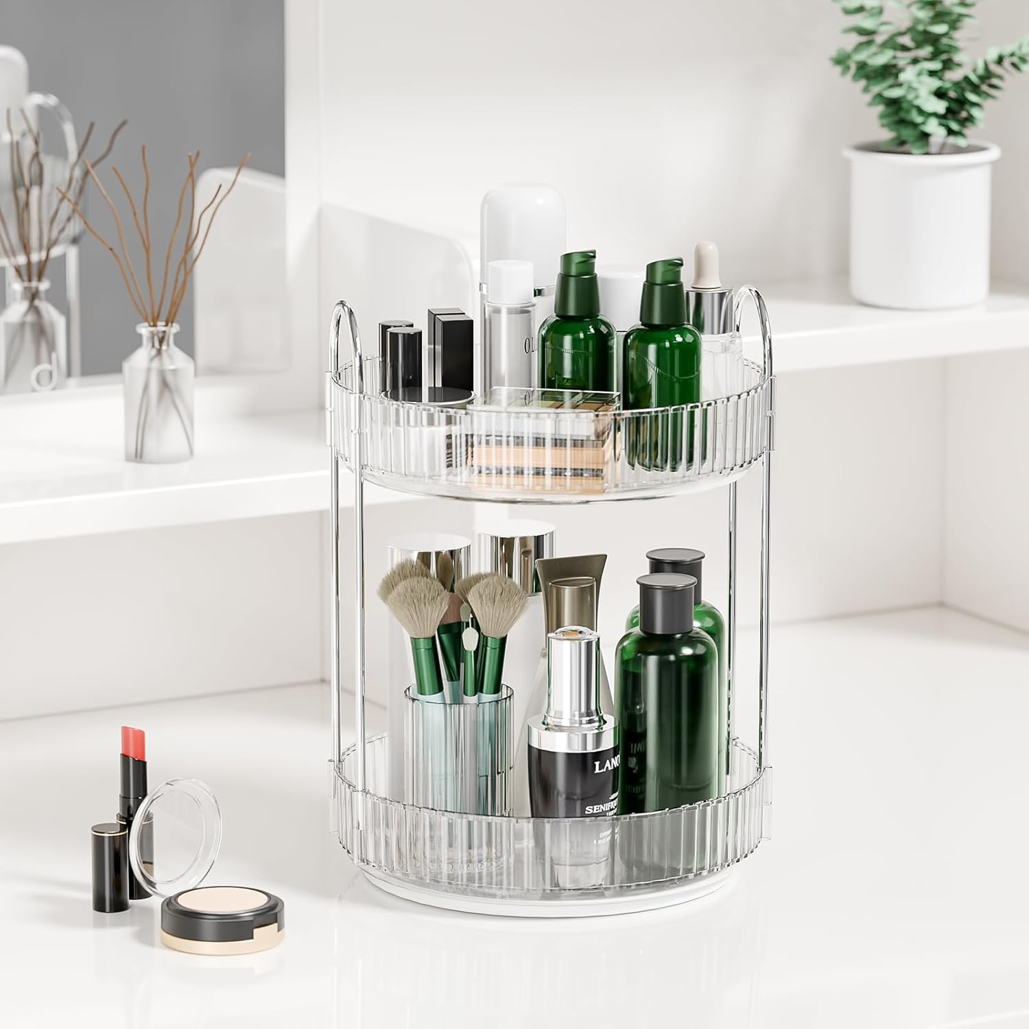 Rotating Makeup Organizer Countertop for Vanity, 2-Tier Large Skincare Perfume Organizer for Dresser, Clear Bathroom Cosmetic Display Cases for Skin Care/Lotion/Lipstick, Plastic