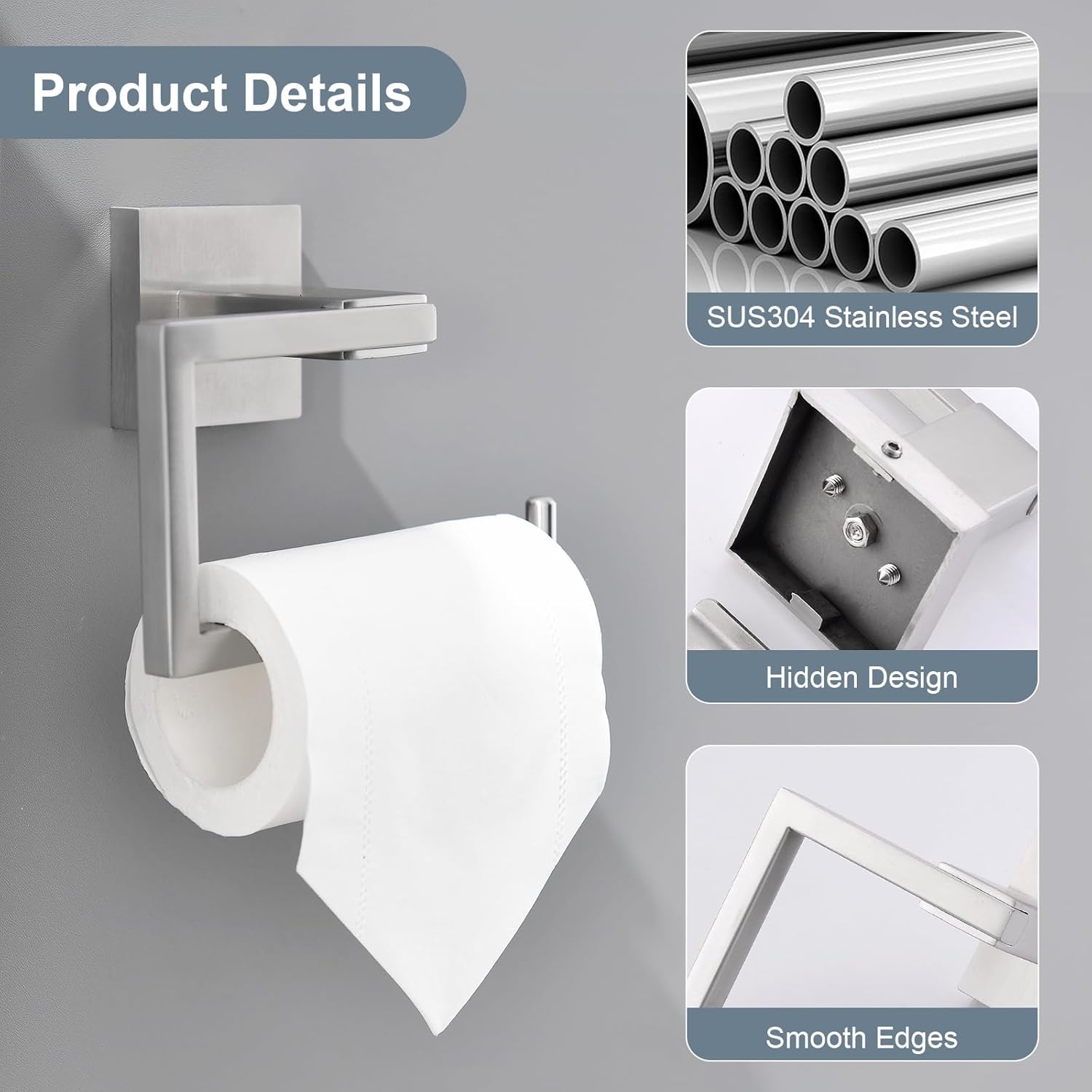 Brushed Nickel Toilet Paper Holder, Bathroom Toilet Roll Holder, Stainless Steel Modern Square Tissue Roll Holders Wall Mounted for Bathroom Kitchen Washroom