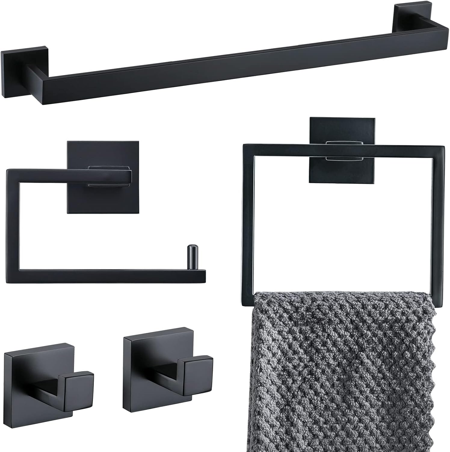 5 Pieces Black Bathroom Accessorie Set Black Towel Bar Set Towel Holder Set for Bathroom,Wall Mounted Stainless Steel Bathroom Hardware Set,23.6 Inch