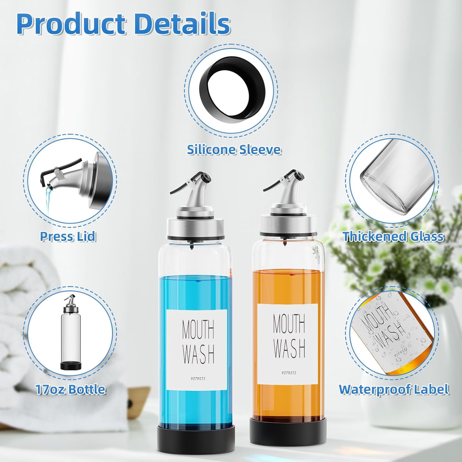 Mouthwash Dispenser for Bathroom, Glass Mouth Wash Container with 2 Glass Cups, Press Lid 17OZ Clear Refillable Mouthwash Bottle Decanter with Silicone Pad/Labels, Set of 2