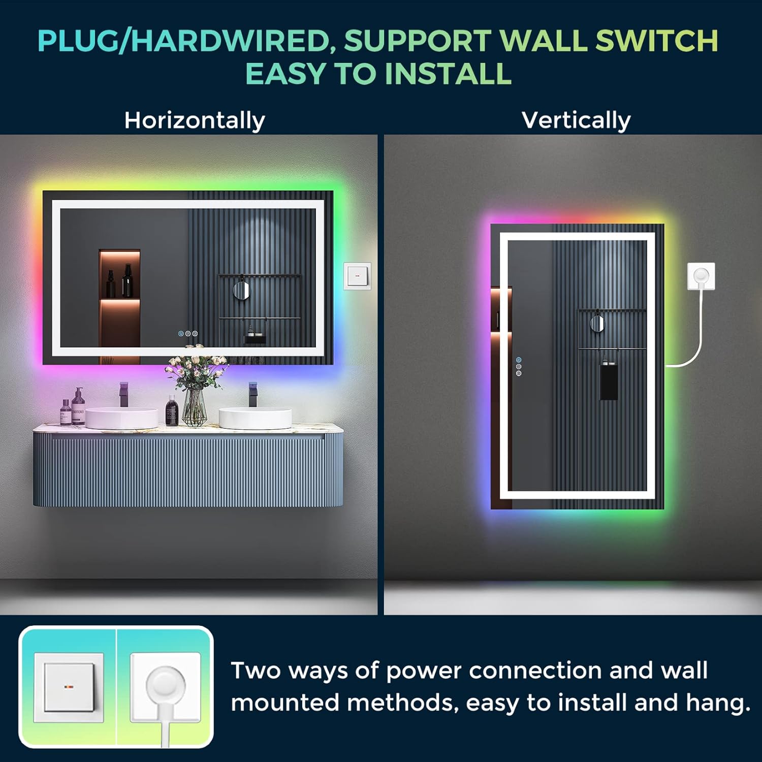 60x36 Inch RGB LED Bathroom Mirror Front Light and RGB Backlit Lighted Vanity Mirror