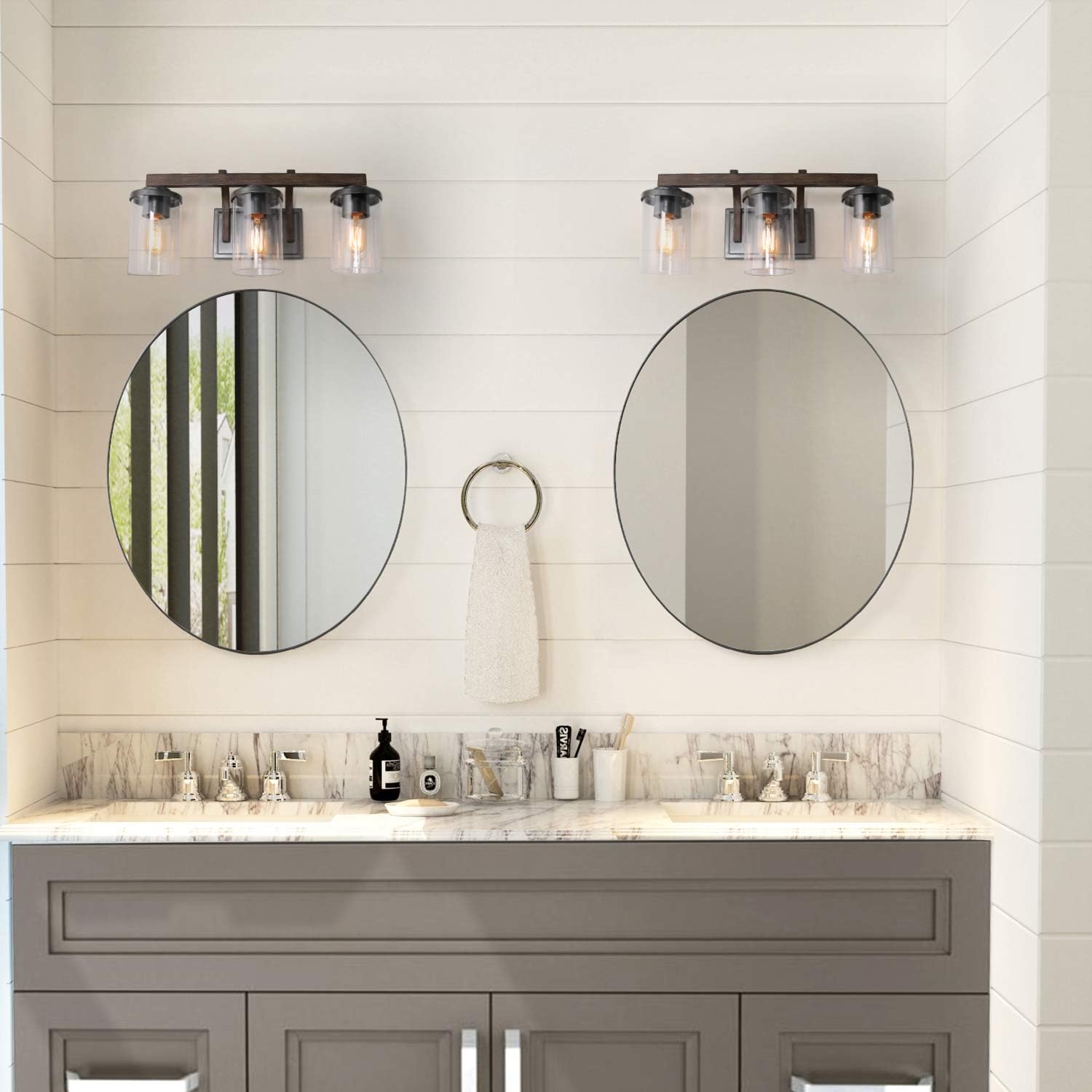 Farmhouse Bathroom Vanity Light Fixtures, Rustic Vanity Lighting with 3 Clear Glass