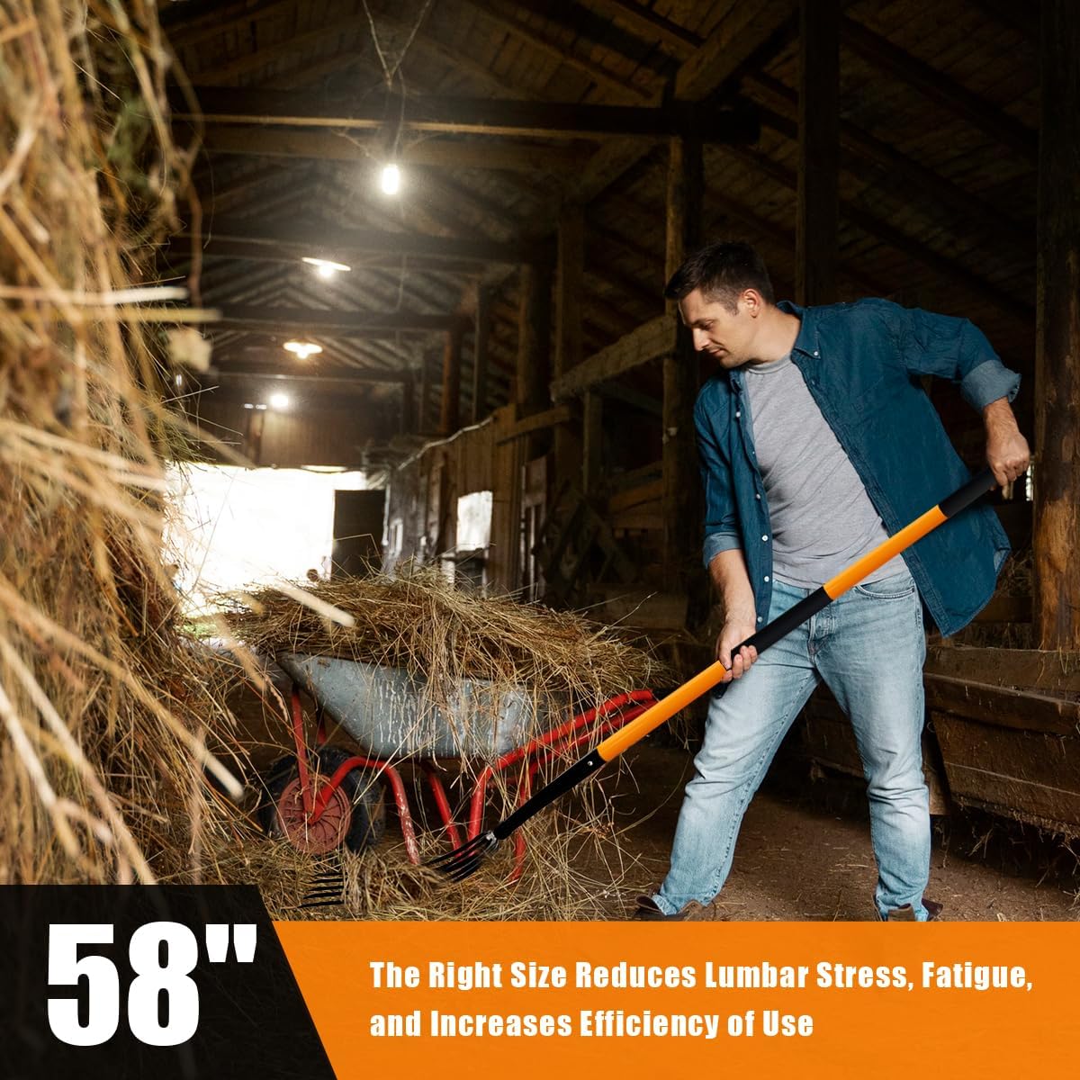 Pitch Fork for Gardening, 5 Tine Pitchfork Heavy Duty with Fiberglass Handle, 58 Inches