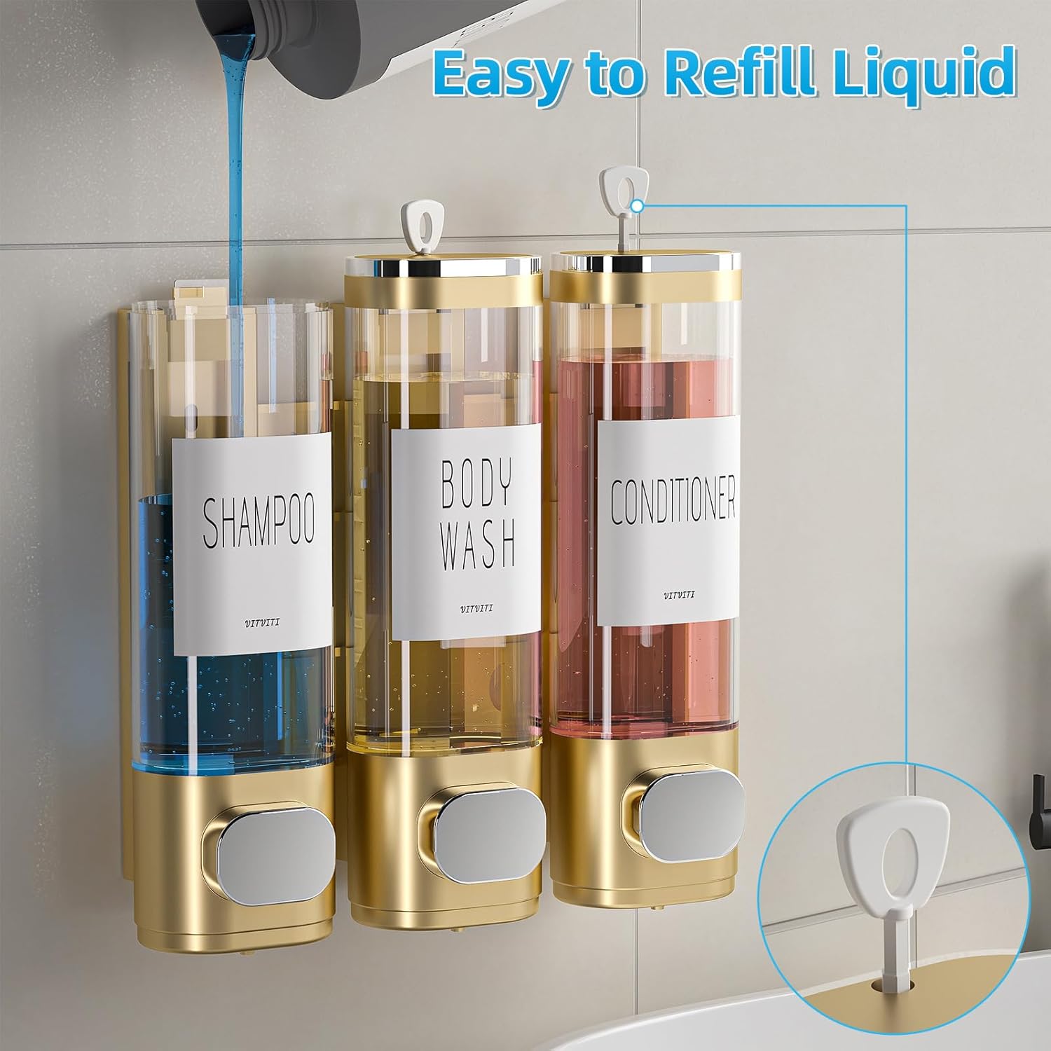 Shampoo and Conditioner Dispenser for Shower Wall, Shower Soap Dispenser 3 Chamber No Drill Wall Mounted, 10.2 OZ Plastic Refillable Shower/Body Wash Bottles for Bathroom (Glod)