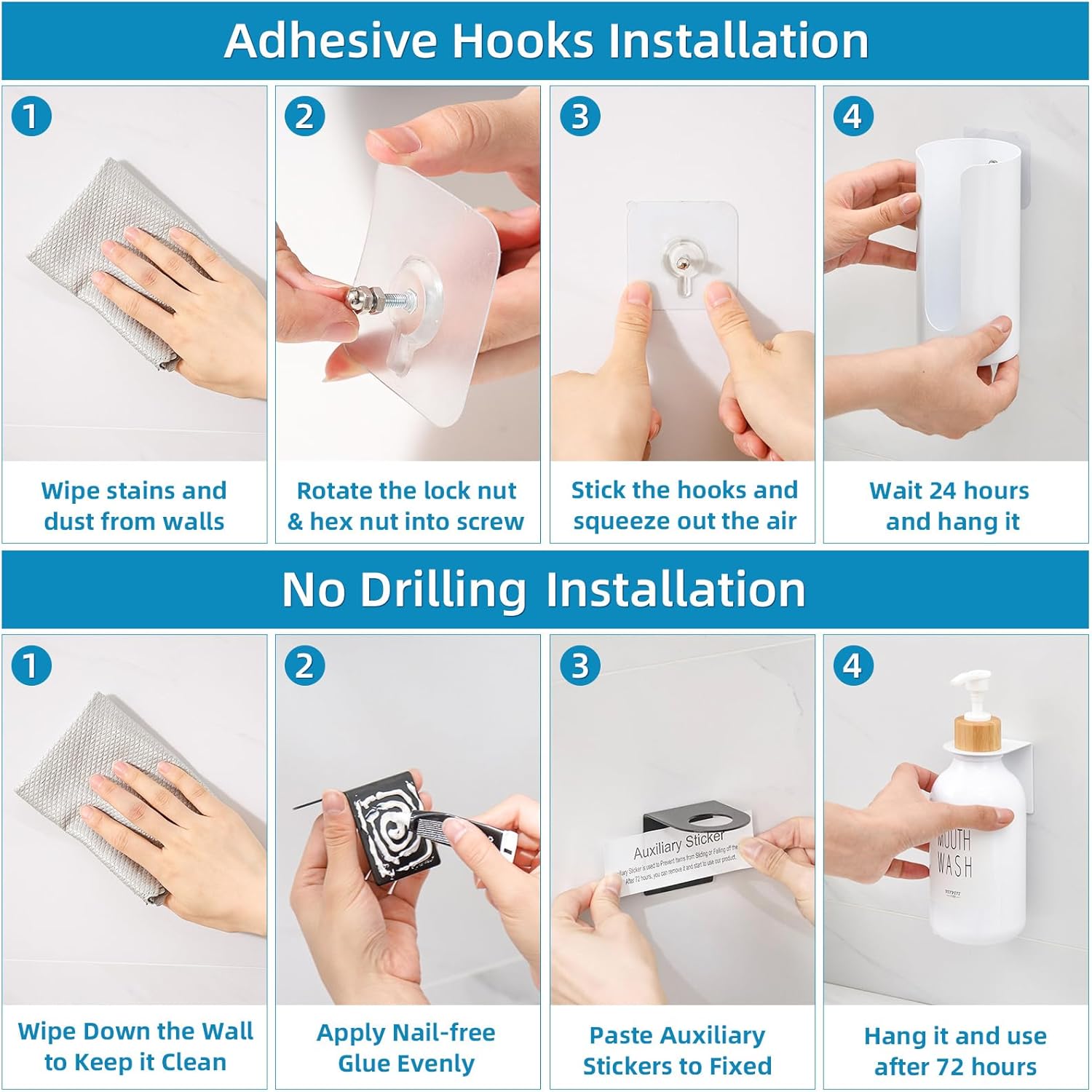 Mouthwash Dispenser for Bathroom, Mouth Wash Dispenser Wall Mounted with Cup Holder, 17OZ Refillable Mouthwash Pump Container, Plastic/Bamboo/Metal, White