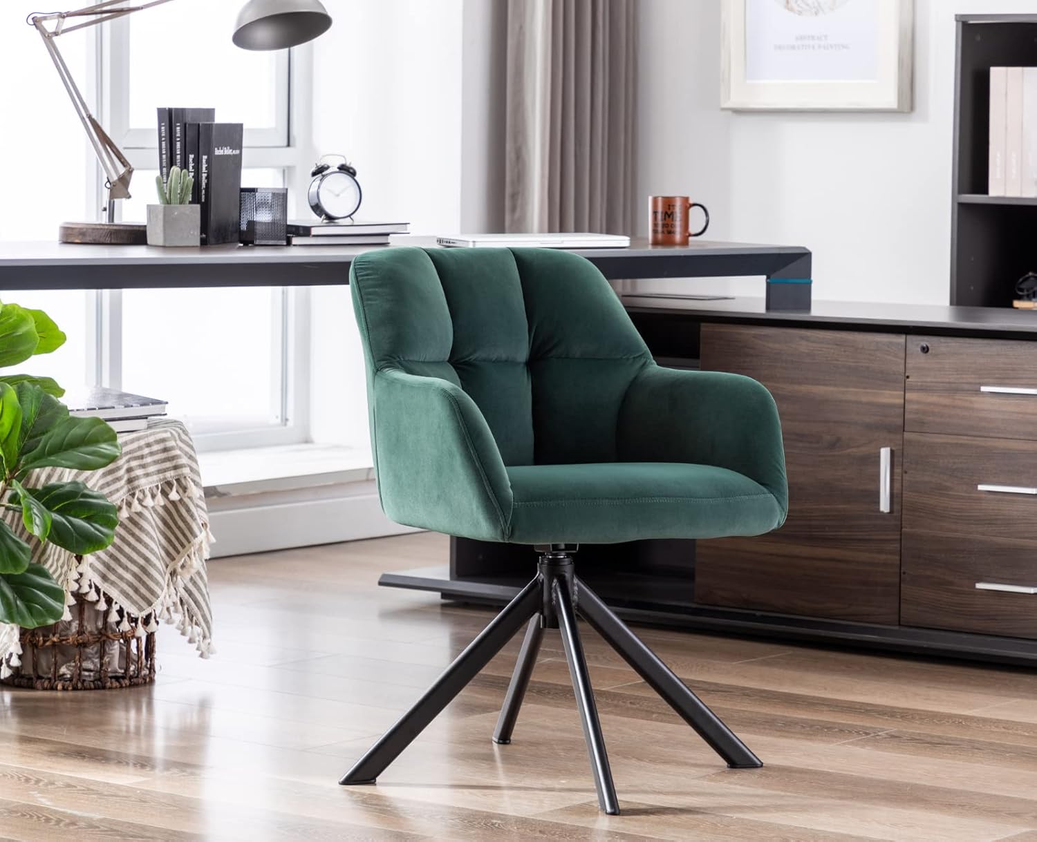 Comfy Velvet Desk Chair Modern Computer Task Chair no Wheels Swivel Accent Chair with Mid Back Arm Chair