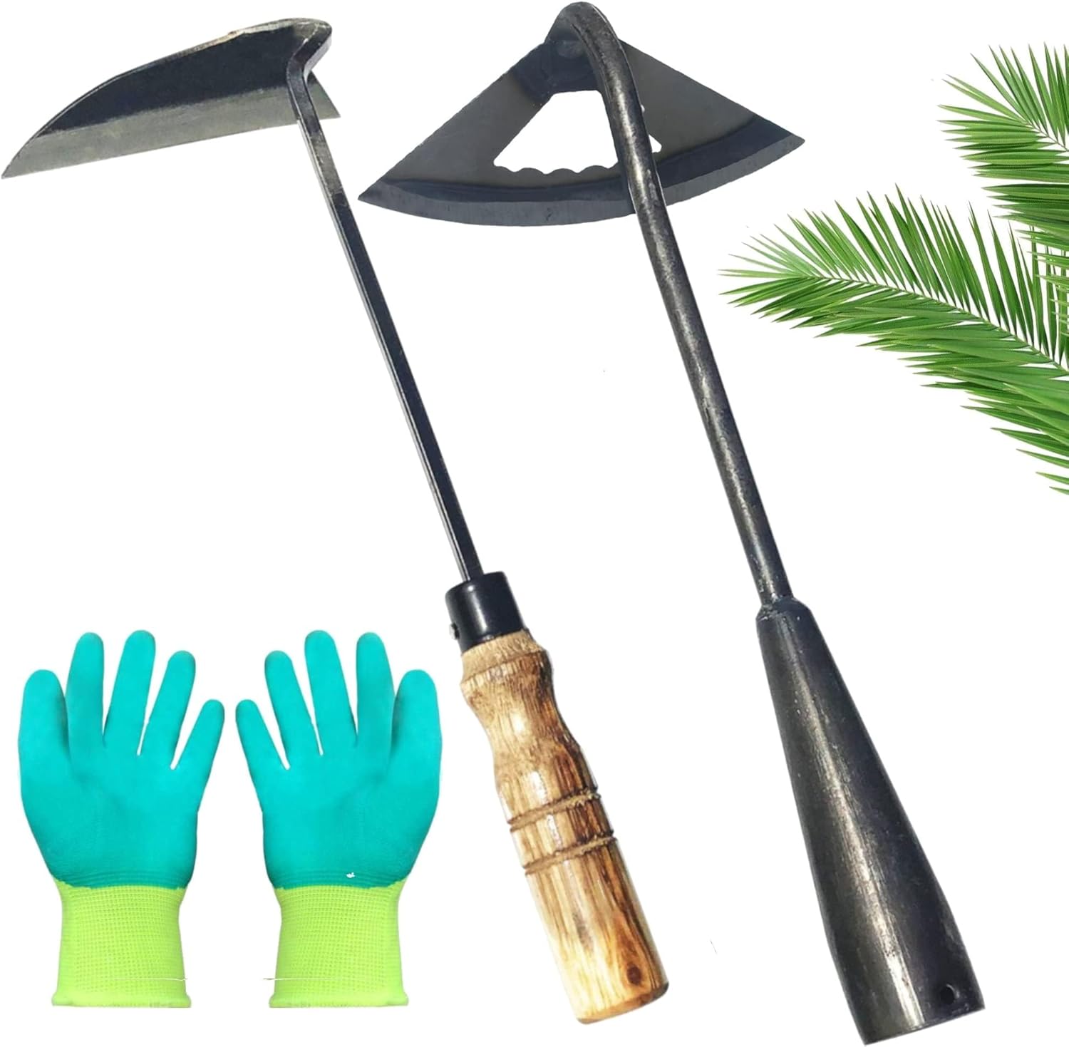 Pack of Weeding Tool Hollow Hoe and Japanese Sickle Garden Tool and a Pair of Professional Gardening Gloves