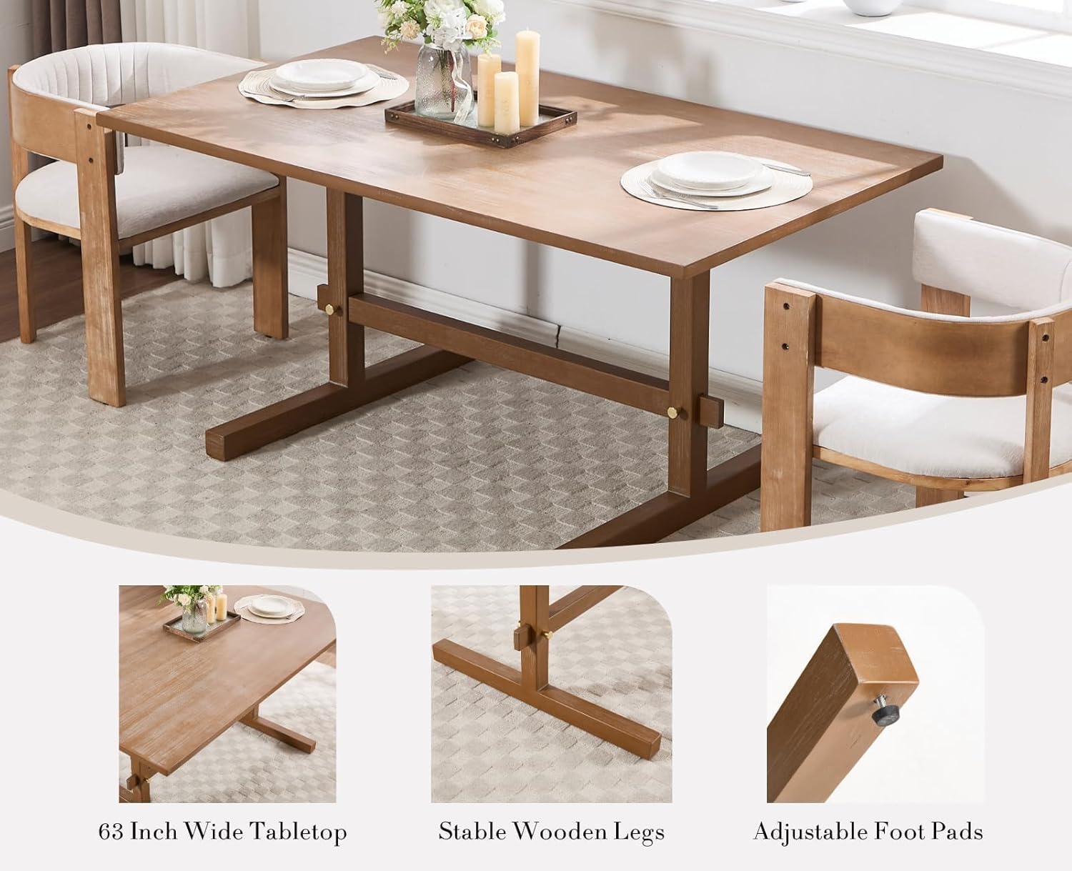 Dining Table for 4 to 6 People Farmhouse Kitchen Table with Solid Wood 63 Inch Rustic Large Rectangle Table