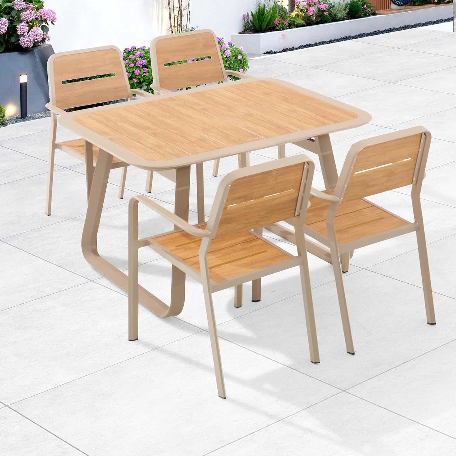 Outdoor Patio Bar Table Set Aluminum Frame Patio Bar Height Bistro Furniture Set w/Chairs and Plastic Wood Tabletop