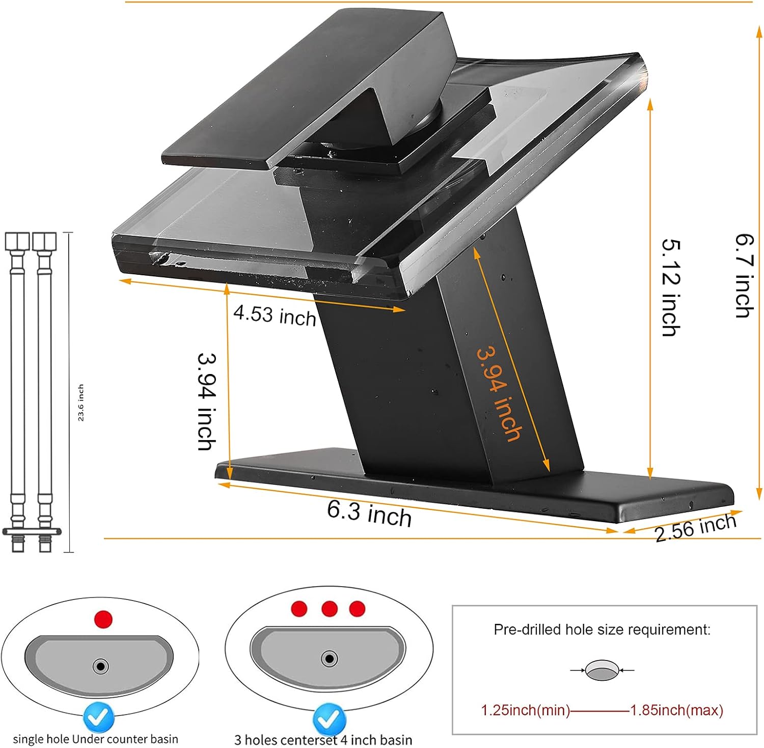 Bathroom Faucet Black Led Light 3 Color Changing Waterfall Glass Spout RGB Battery Power Lavatory Vanity Sink Faucet Single Handle One Hole Deck Mount Modern Designer Bath Basin Tap