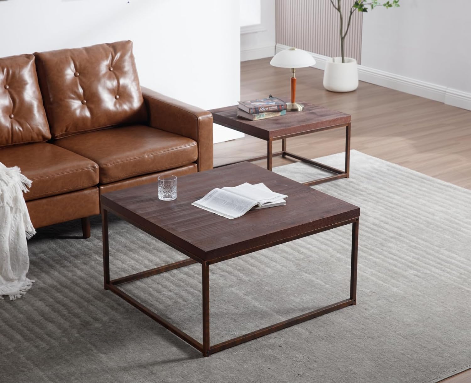 Nesting Coffe Table Set of 2 Industrial Square End Table Modern Stacking Side Tables with Wooden Tabletop and Metal Base Living Room Accent Tables