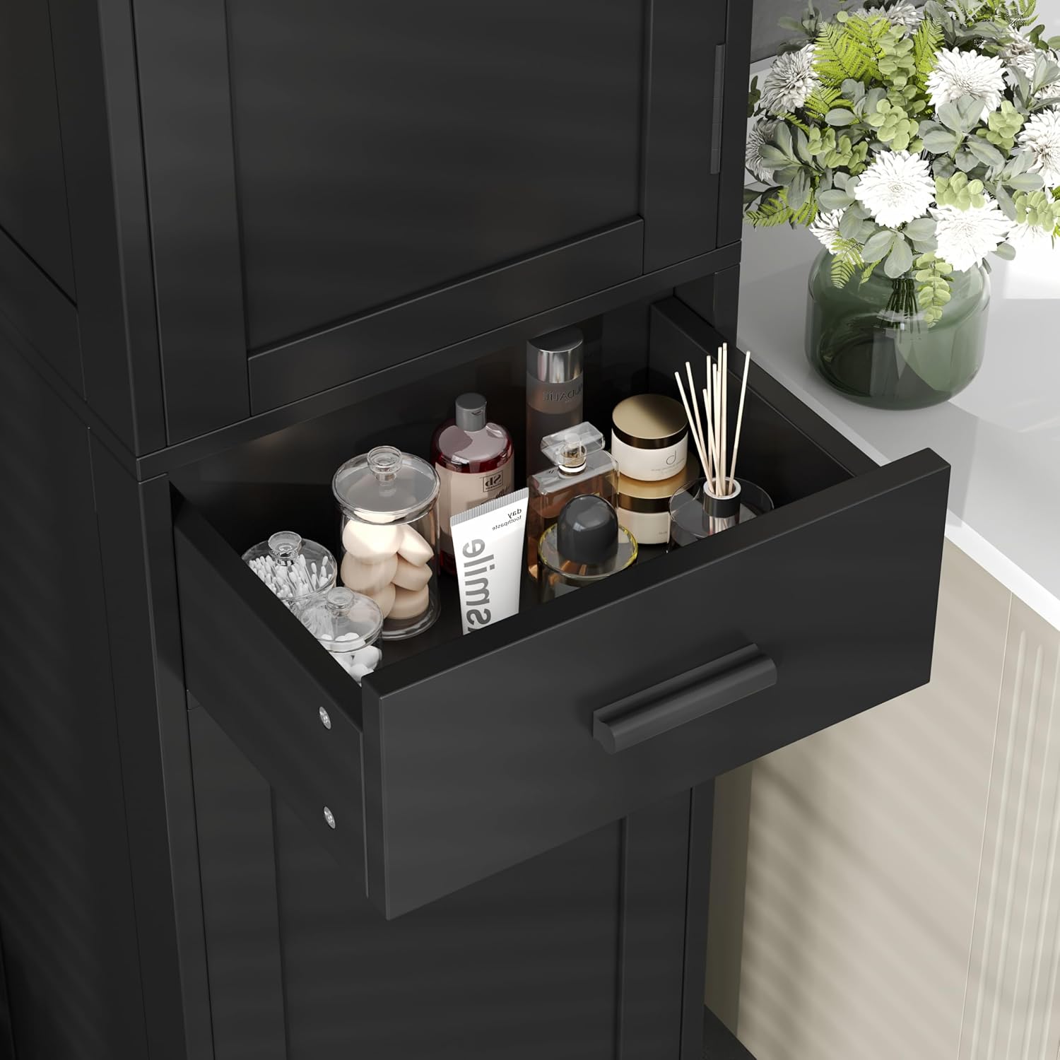 67" Tall Bathroom Floor Cabinet with 2 Door & Drawers, Narrow Storage Cabinet with Adjustable Shelves, Wooden Freestanding Cabinet for Bathroom