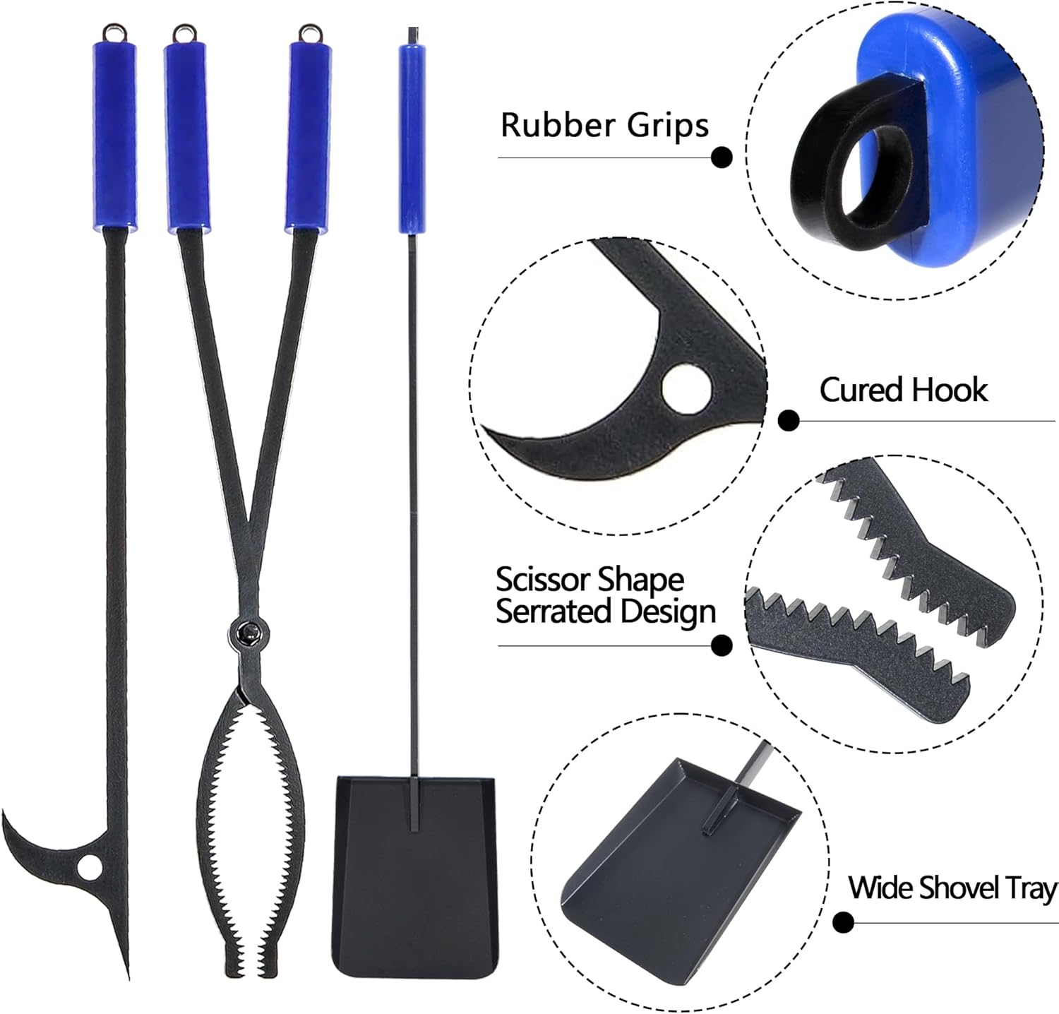 Fireplace Tools Set Indoor, 28" Fire Poker Fire Tongs and Shovel, Wrought Iron Firewood Tongs with Metal Stand and Rubber Handle