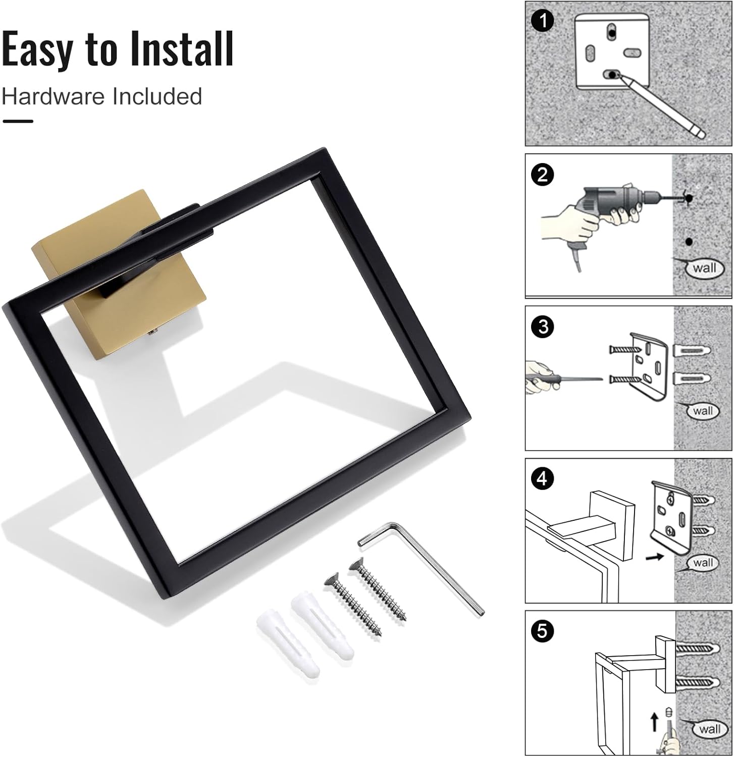 Towel Holder Bathroom Towel Ring, Black & Gold Hand Towel Bar, Stainless Steel Towel Rack Wall Mounted, Square Towel Hanger for Kitchen Lavatory