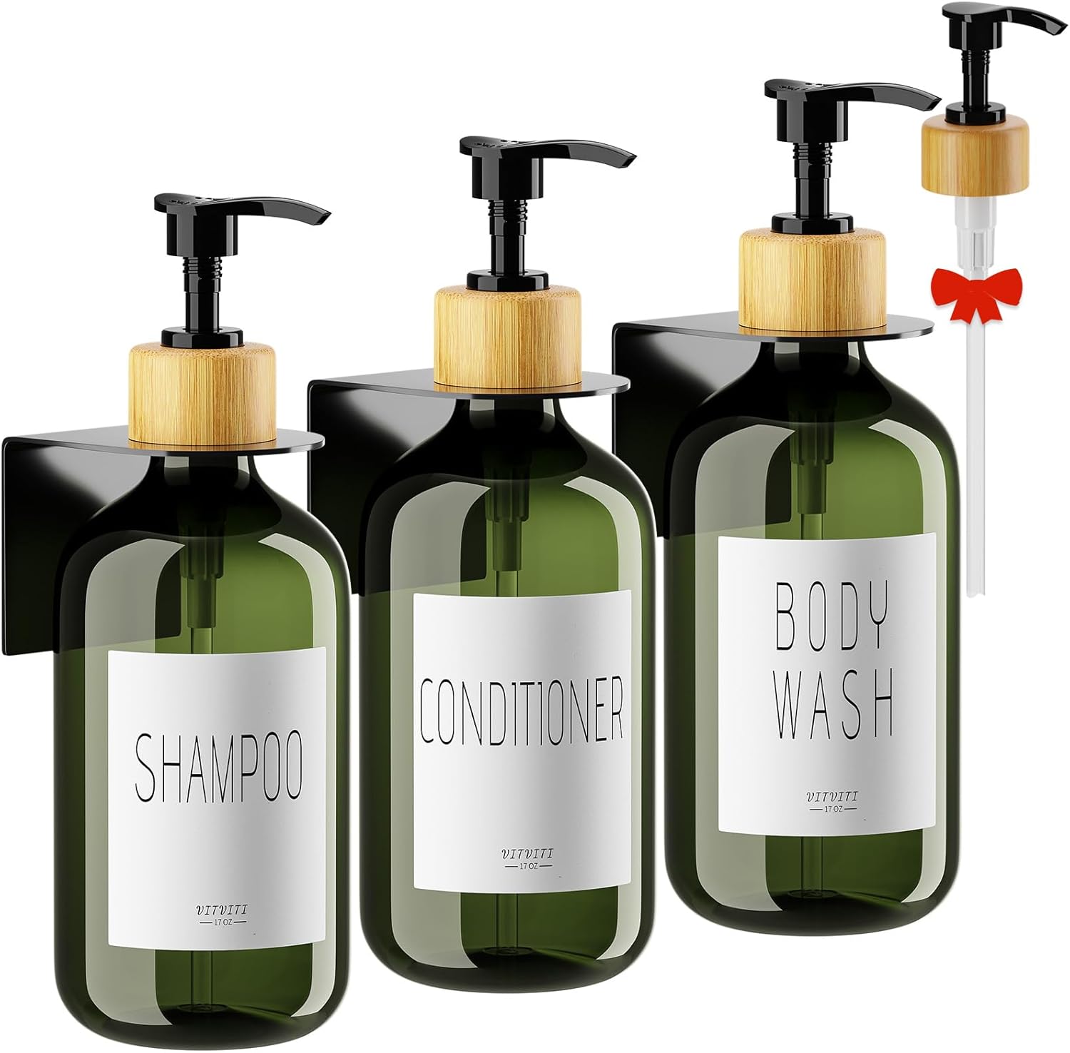 Shampoo and Conditioner Dispenser, Body Wash Shower Soap Dispenser Wall Mounted 3 Chamber, Drill Free 17oz Plastic Shower Bottles for Bathroom, Dark Green 3 Sets