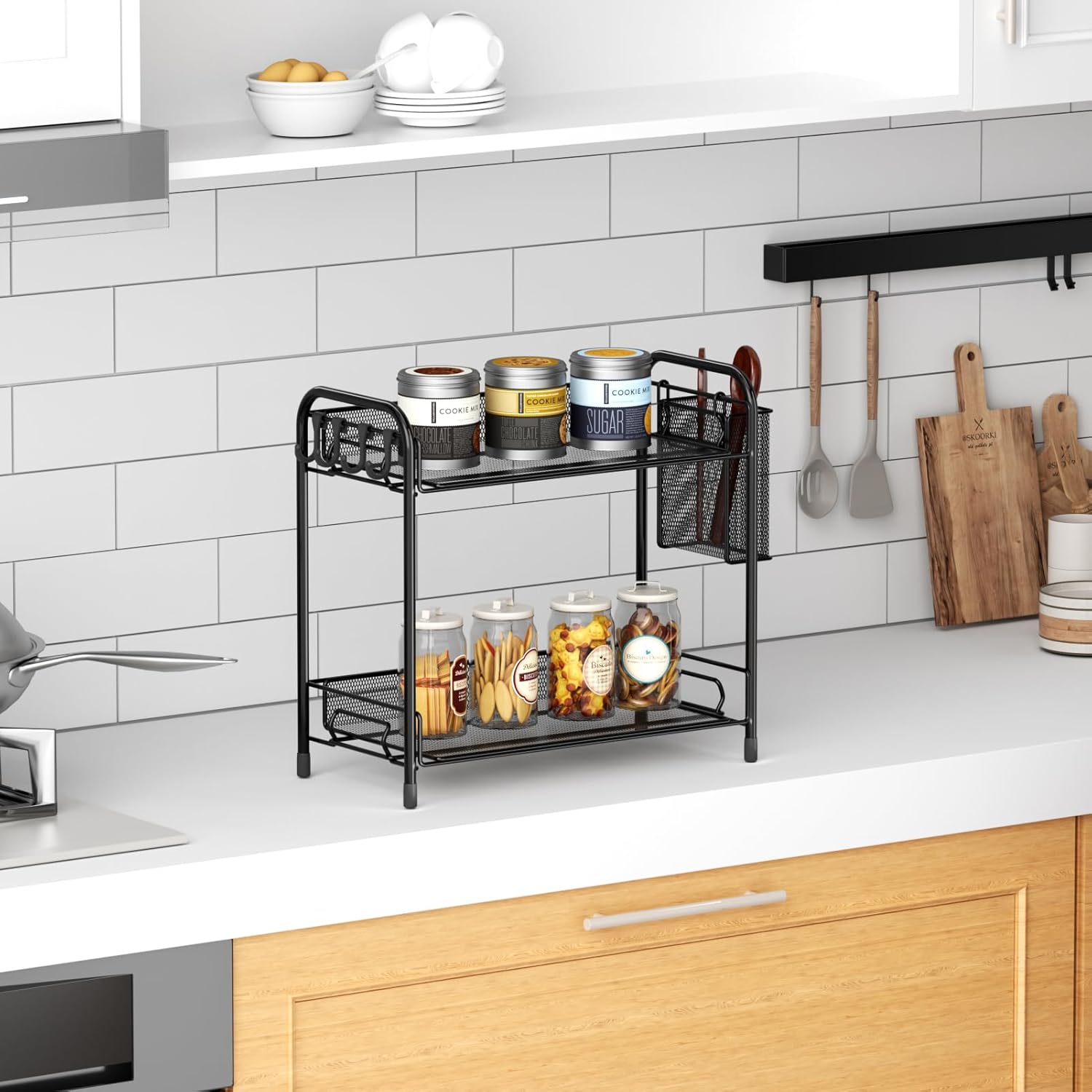 Mesh Bathroom Organizer Countertop, 2-Tier Metal Bathroom Counter Organizer and Storage, Vanity Organizer Sink Shelf Kitchen Spice Rack with Basket and Hooks, Black