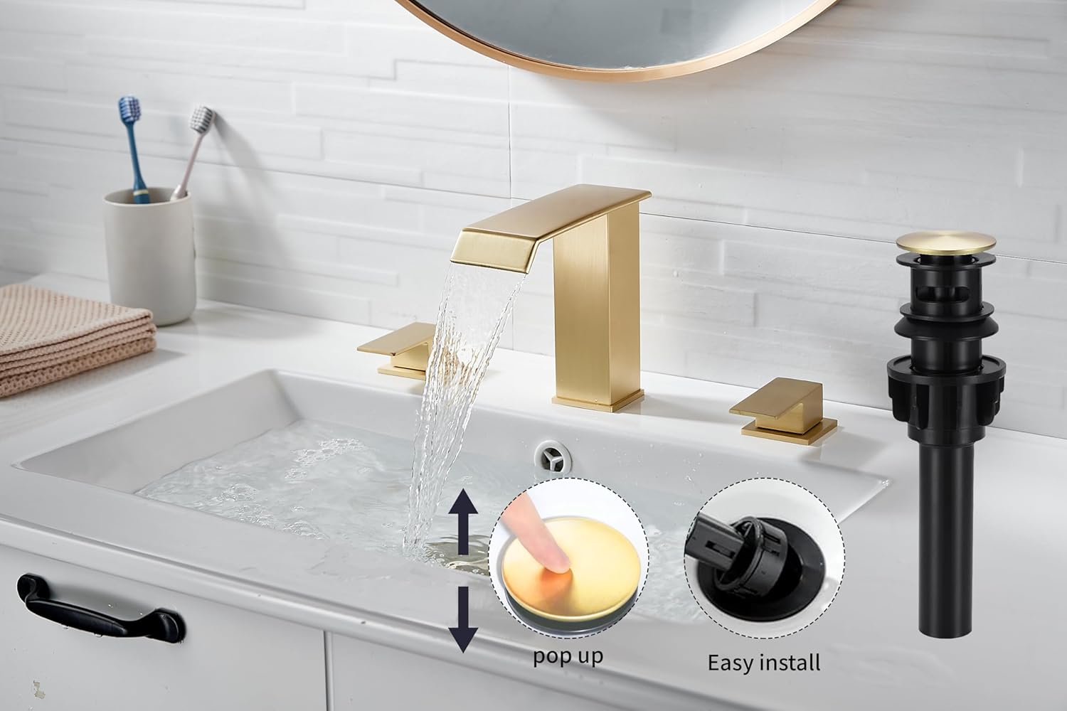 Bathroom Faucet 2 Handles 3 Hole Waterfall Brushed Gold Bathroom Faucets Widespread 8-16 inch Basin Sink Faucet Brass Lavatory Vanity with Pop Up Drain 2 Hot/Cold Supply Hoses Commercial Deck Mounted