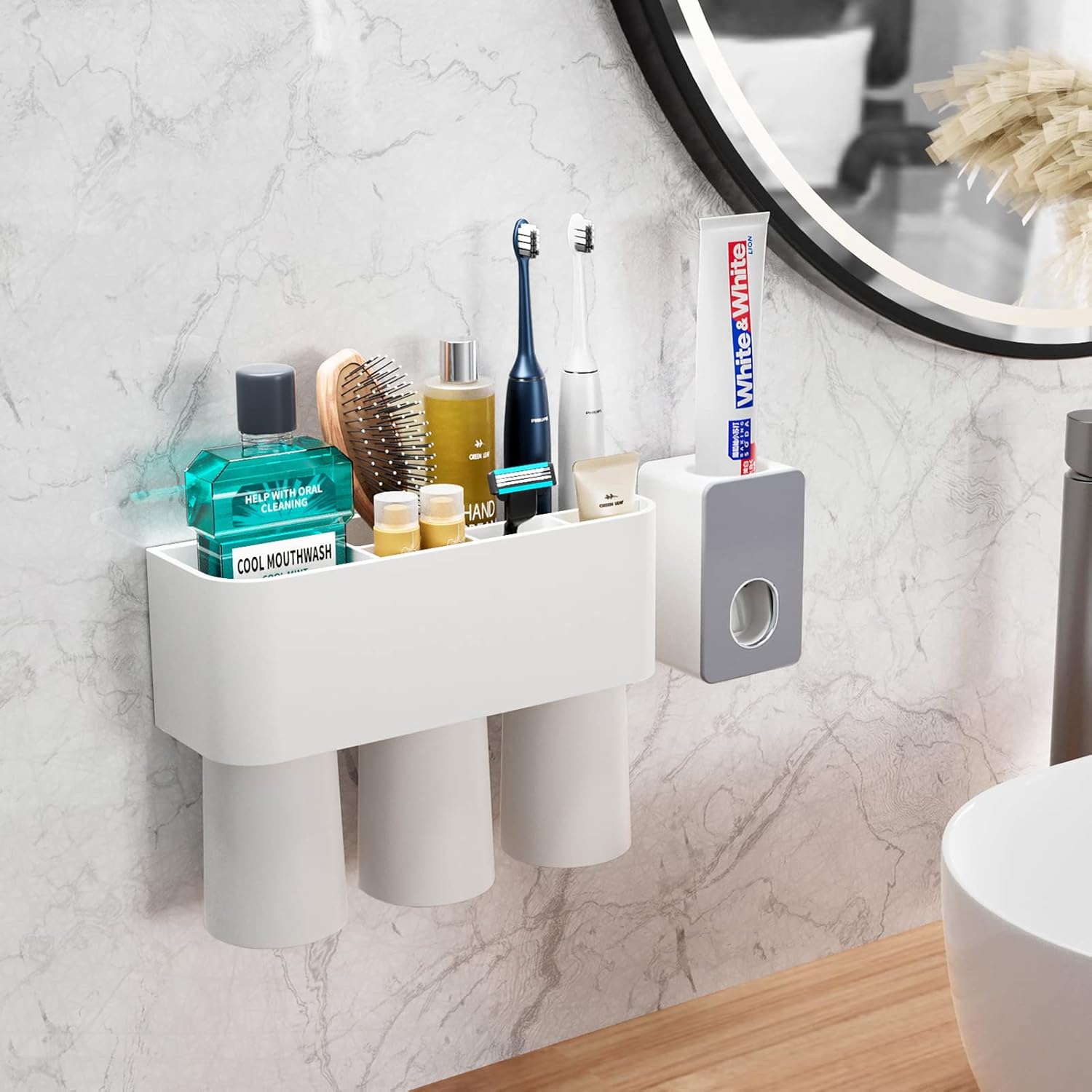 Toothbrush Holders for Bathrooms, Toothbrush Holder and Toothpaste Dispenser Wall Mounted, Automatic Plastic Tooth Brushing Holder with 3 Cups