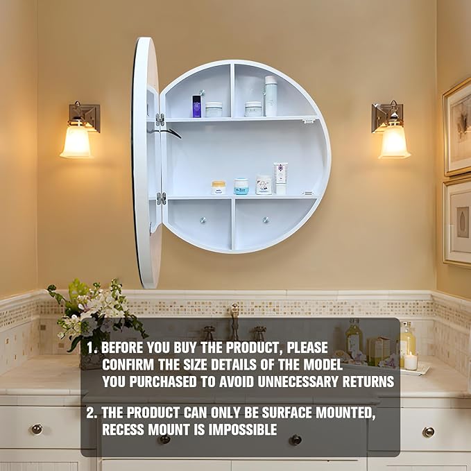 20inch Round Medicine Cabinet with Lights,Led Medicine Cabinet with Defogger,Illuminated Mirror Cabinet for Bathroom,Dimmable,Anti-Fog,3 Colors,Surface Mount Only,White