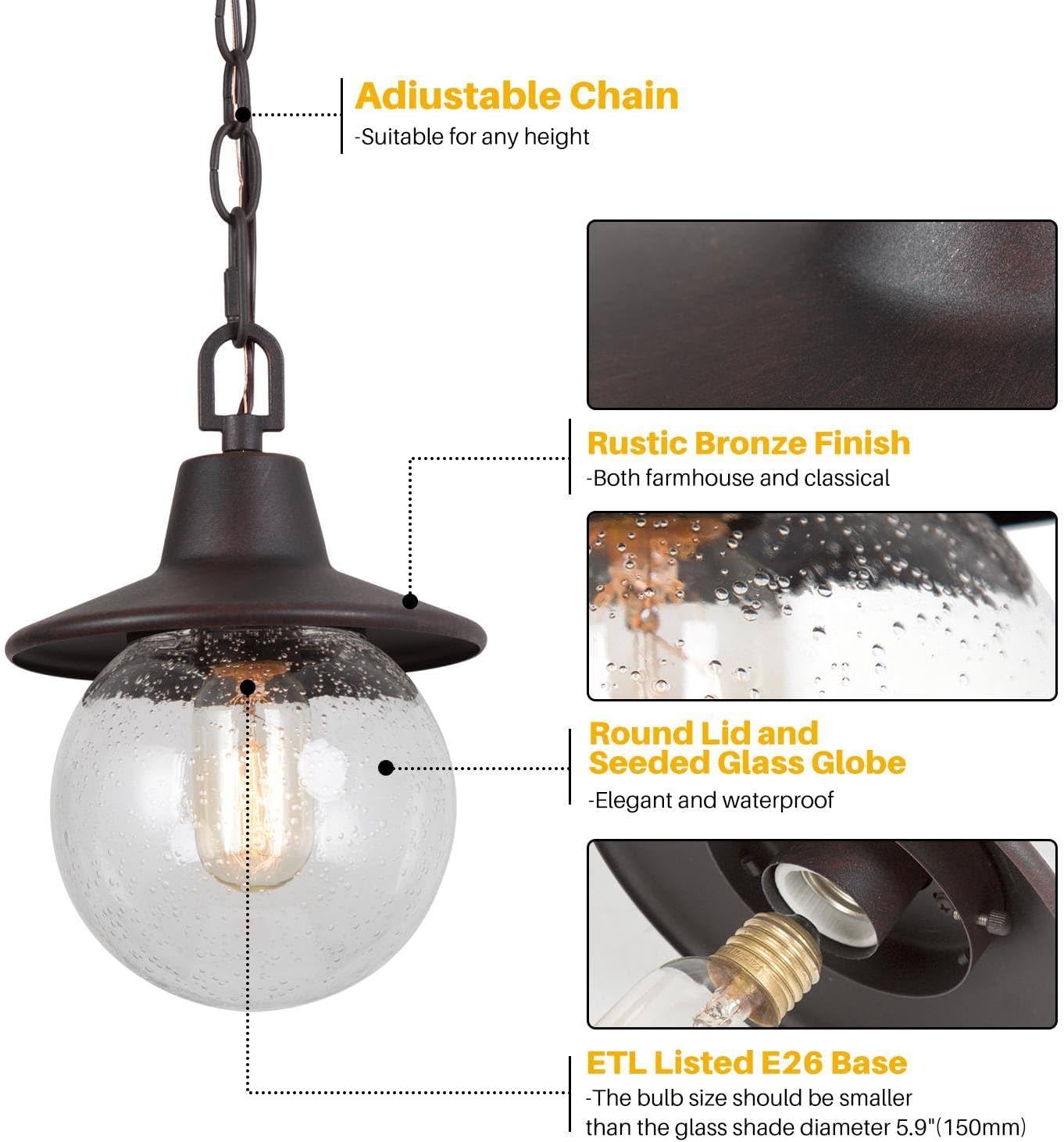 Outdoor Globe Pendant Light Fixture, Farmhouse Exterior Lights with Adjustable Chain, Anti-Rust Ceiling Outdoor Light with Seeded Glass