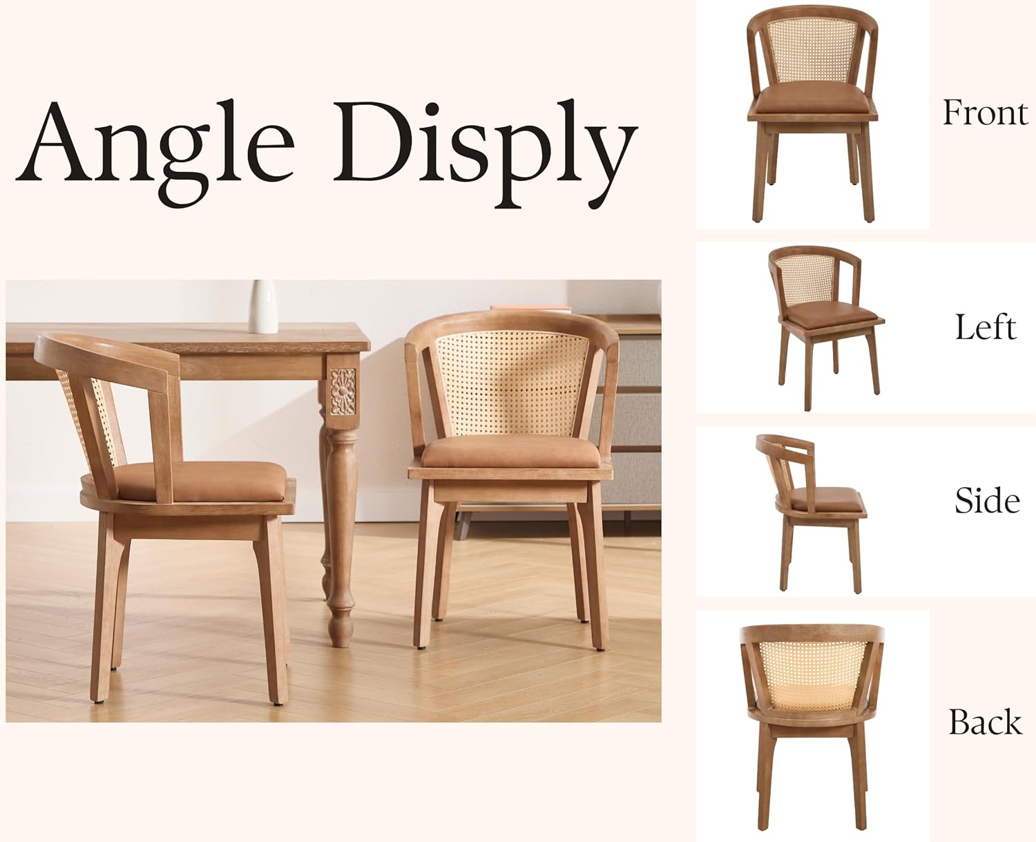 Modern Farmhouse Wooden Dining Room Chairs with Cane Curved Back Leather Upholstered Comfortable Kitchen Side Chairs for Restaurant