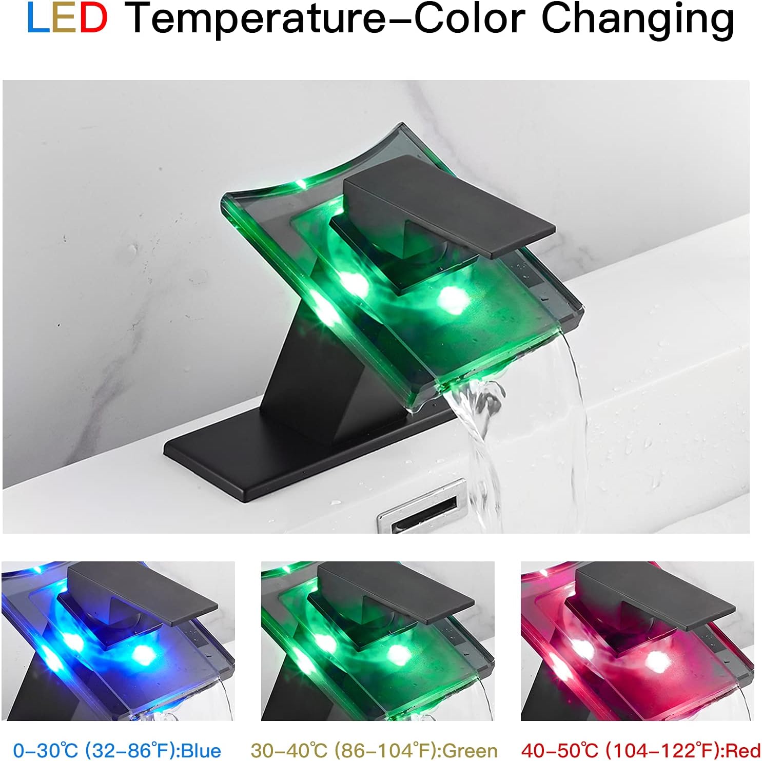 Bathroom Faucet Black Led Light 3 Color Changing Waterfall Glass Spout RGB Battery Power Lavatory Vanity Sink Faucet Single Handle One Hole Deck Mount Modern Designer Bath Basin Tap