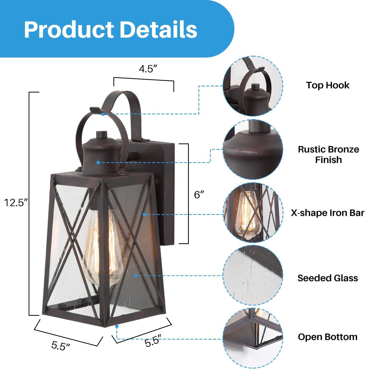 Exterior Wall Light Fixture, Outdoor Lighting Wall Mount, Sanded Black Finish Porch Light, Anti-Rust Wall Lamp