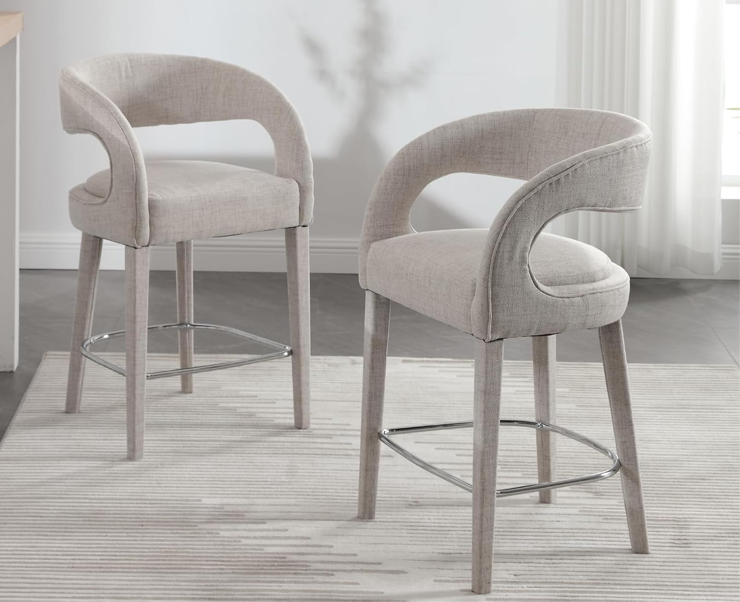 Modern Counter Height Bar Stools Set of 2 Linen Upholstered Counter Stools